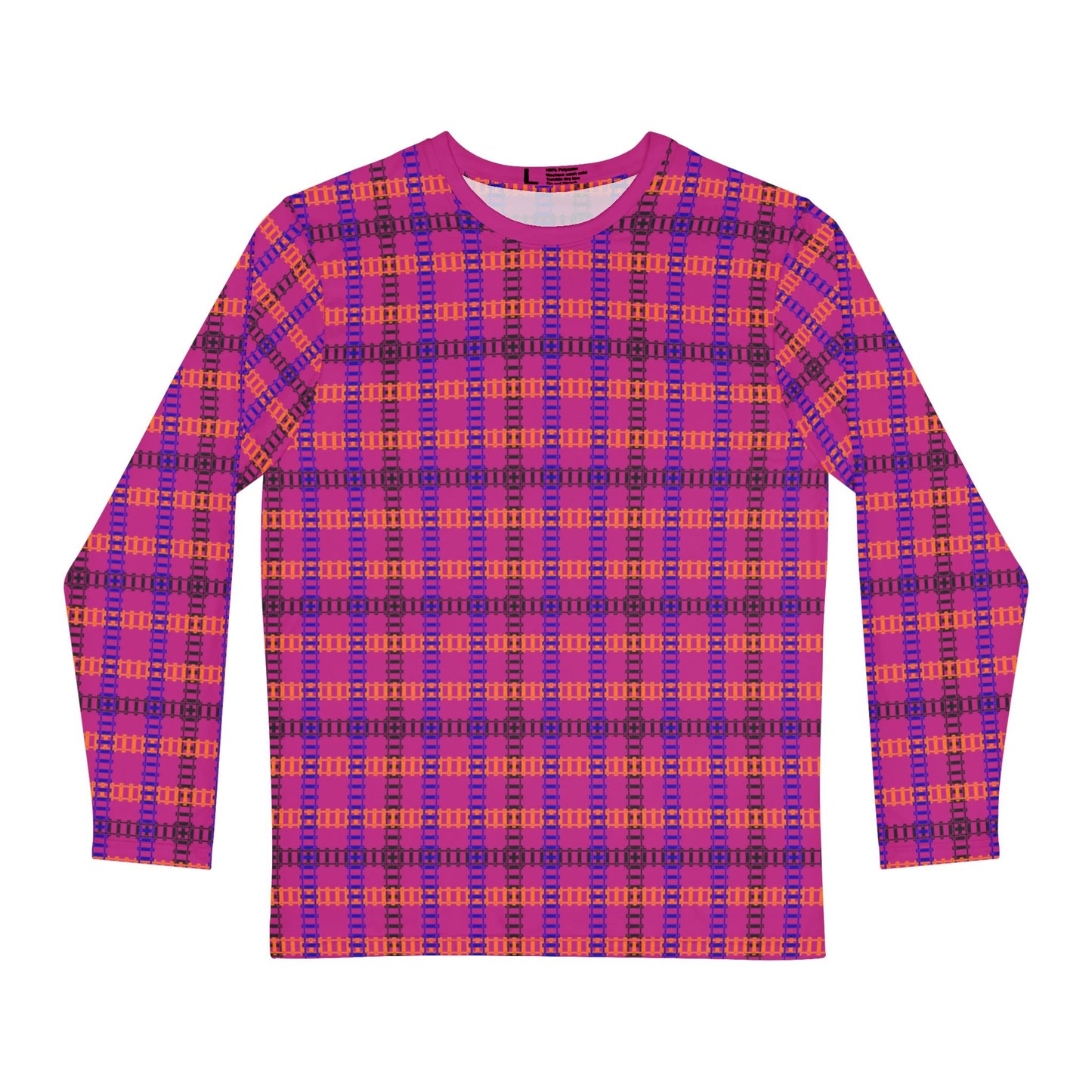 Vibrant Plaid Mens Long Sleeve Shirt Cozy Outfit Casual Wear Stylish Layering Perfect for Fall and Winter Train Tracks Pink