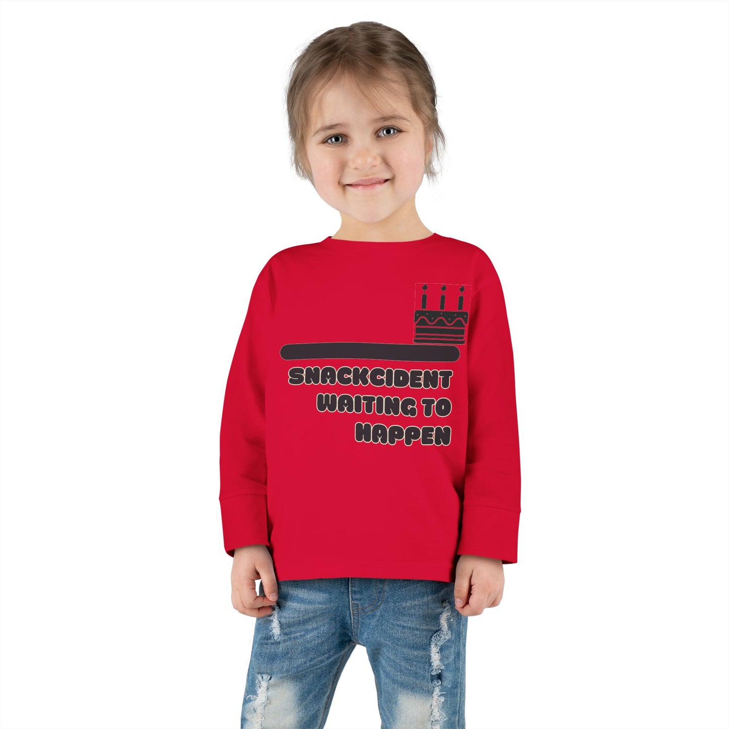 Snackcident Waiting to Happen Toddler Long Sleeve Tee | Cute Kids Shirt | Fun Gift for Birthdays, Playdates, Parties, Food Lovers