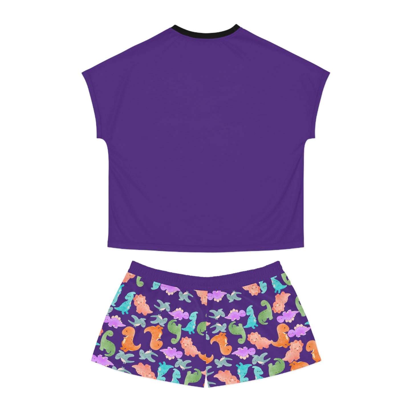 Womens Dinosaur Print Pajama Set Cozy Sleepwear Perfect for Relaxation Gift for Her Cute Loungewear Summer Nights Dinosaur Lovers Rainbow Dinos Purple