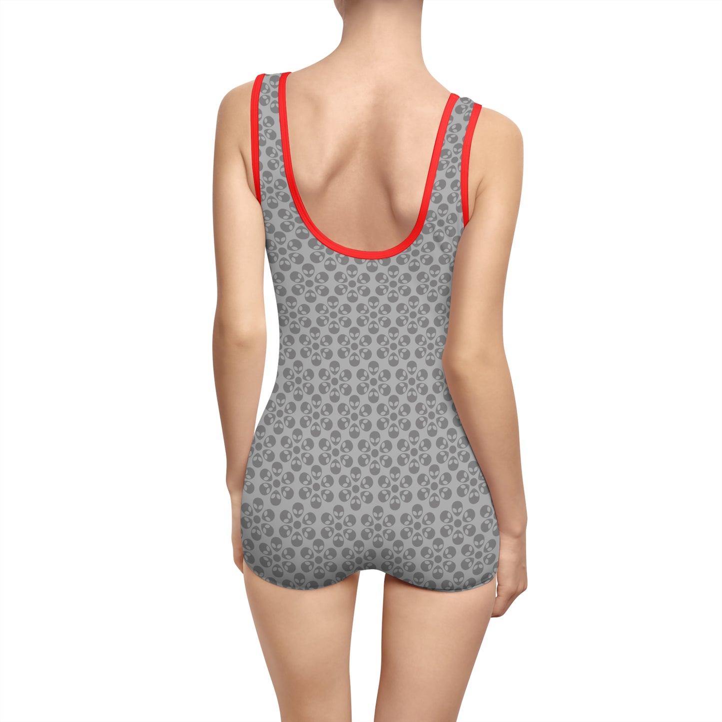 Womens Vintage Swimsuit Alien Flowers Light Grey