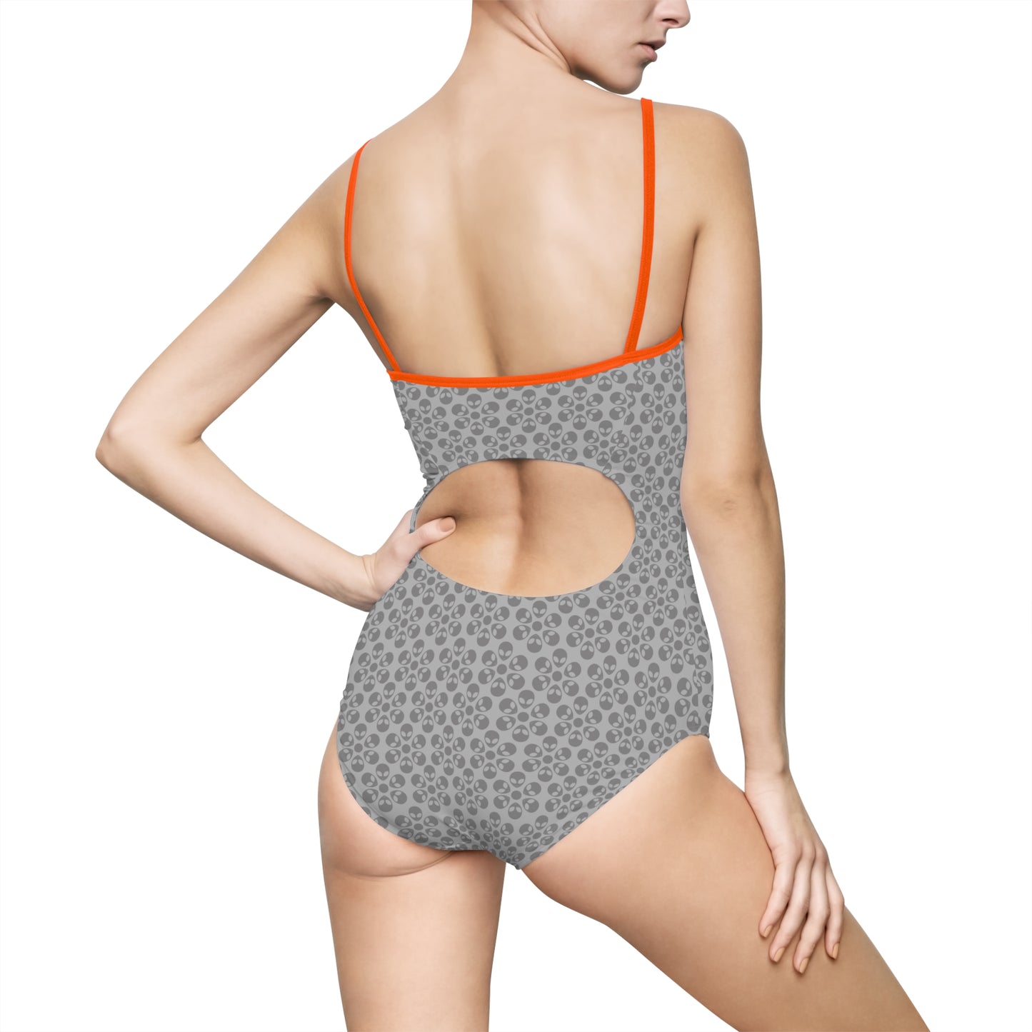 Womens Onepiece Swimsuit Alien Flowers Light Grey