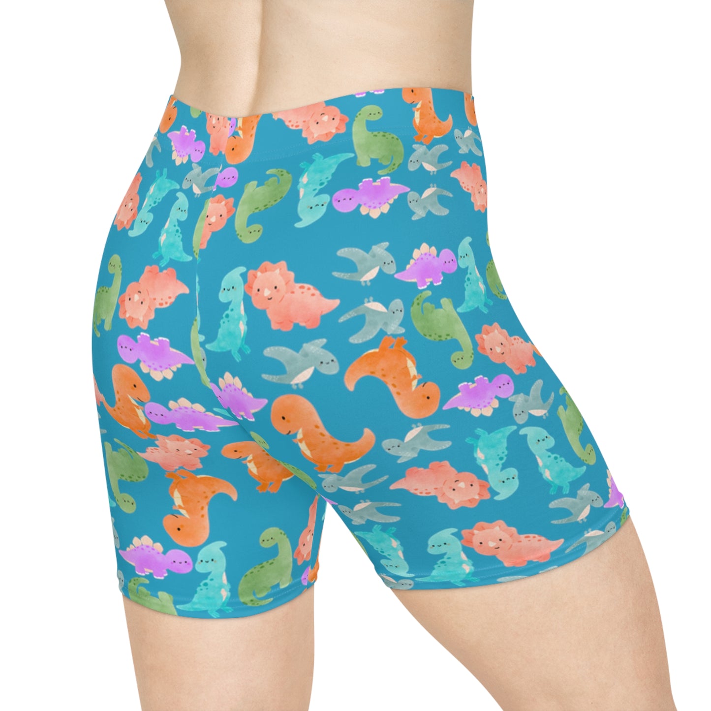 Colorful Dinosaur Womens Biker Shorts  AOP Perfect for Casual Wear workout Summer Birthdays Playdates Unique Gift Rainbow Dinos Turquoise