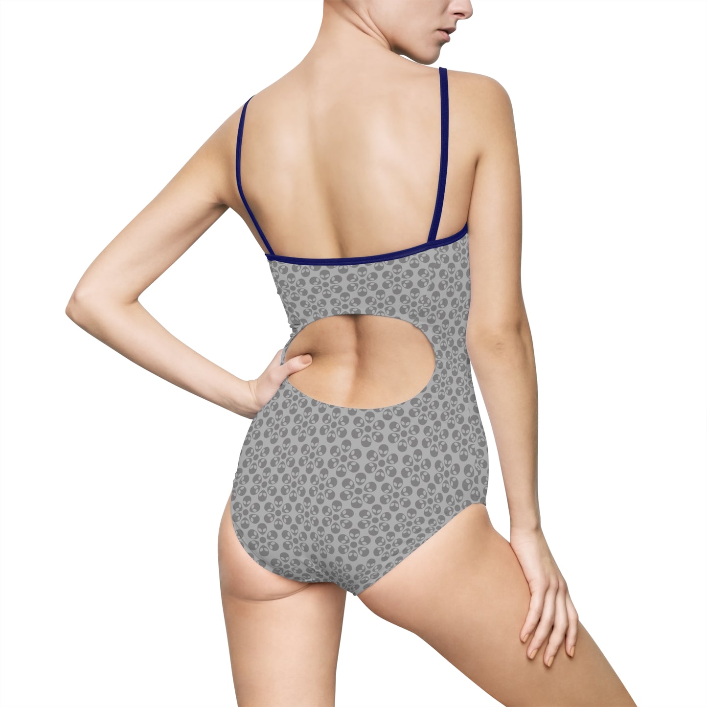 Womens Onepiece Swimsuit Alien Flowers Light Grey