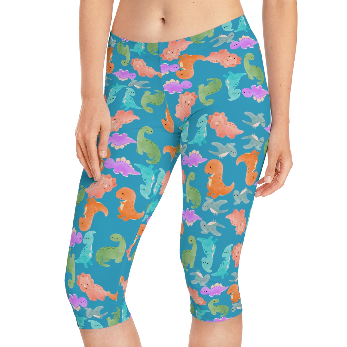 Playful Dino Print Womens Capri Leggings Cute Stretchy Pants for Yoga Casual Outfits Loungewear Gift for Her Rainbow Dinos Turquoise