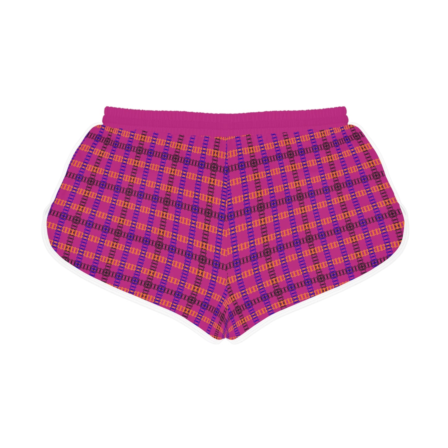 Cozy Casual Womens Shorts Perfect for Summer Days Lounging Beach or Sleepwear AOP Plaid Design Train Tracks Pink