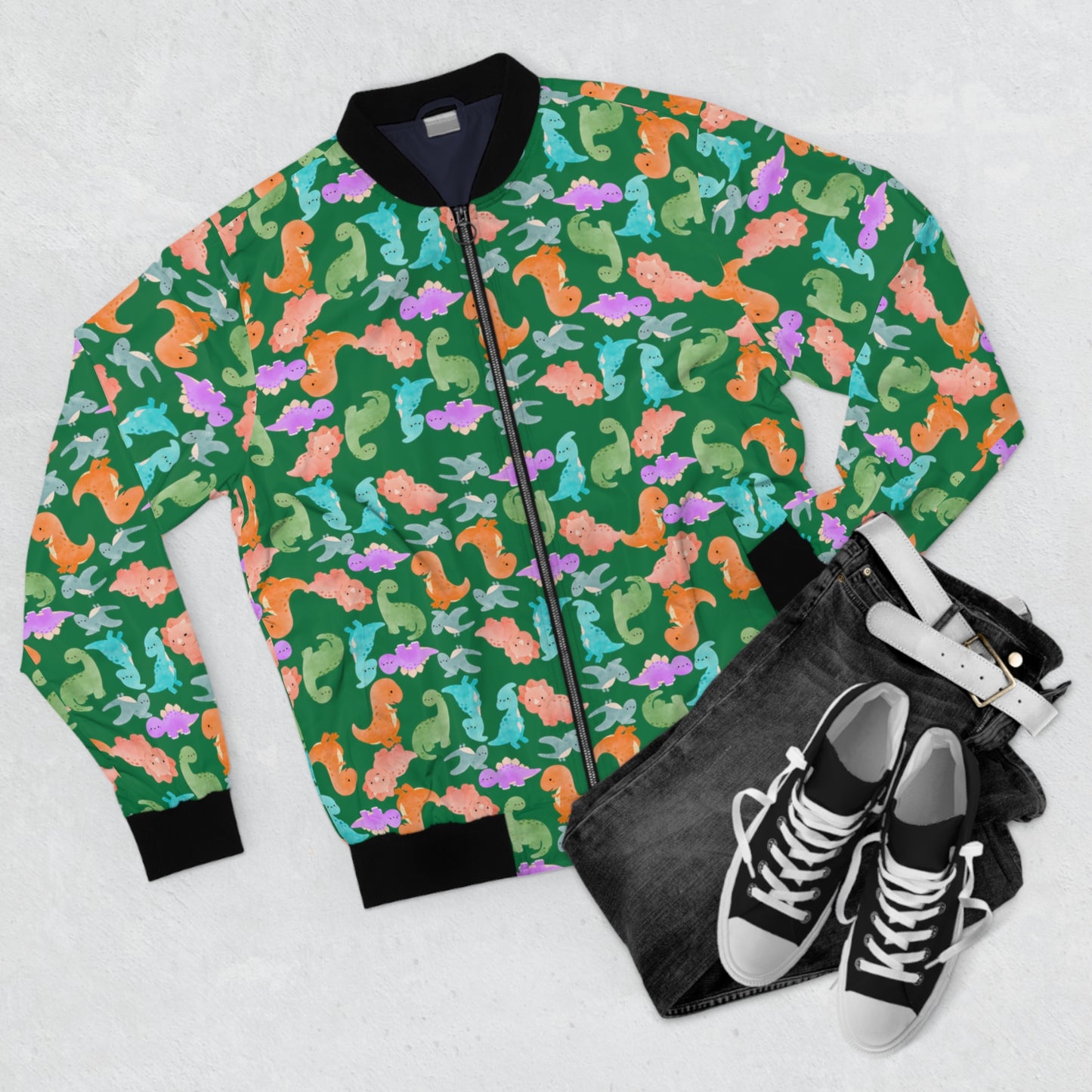 Colorful Dinosaur Mens Bomber Jacket Trendy Outerwear for Casual Outings Unique Gift for Dinosaur Lovers Festival Style Rainbow Dinos Dark Green