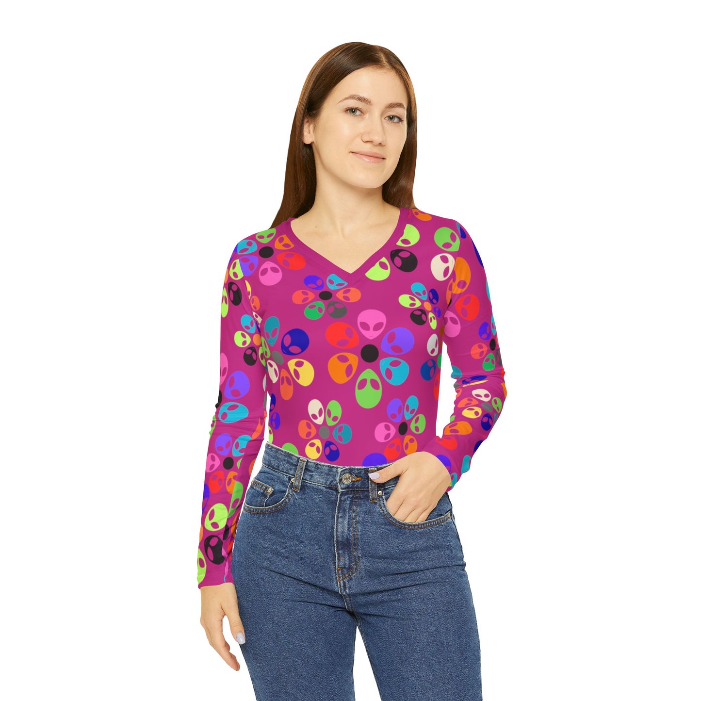 Colorful Alien Print Womens Long Sleeve VNeck Shirt Fun VNeck Tee Boho Style Top Unique Gift for SciFi Lovers Casual Everyday Wear Alien Rainbow Flowers Pink
