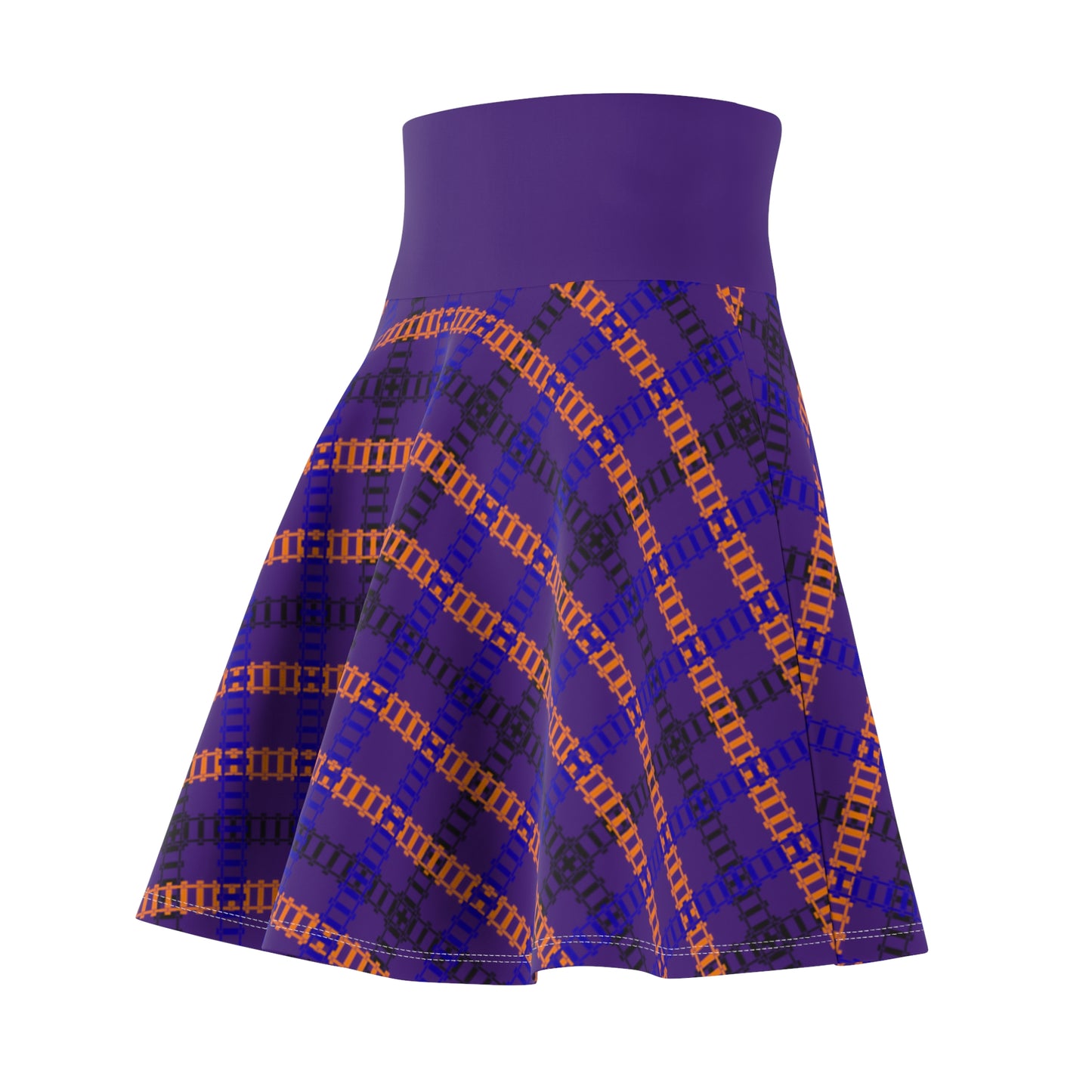 Stylish Womens Plaid Skater Skirt Trendy AOP Skirt Casual Everyday Wear Festive Outfit Summer Fashion 90s Vintage Inspired Train Tracks Purple