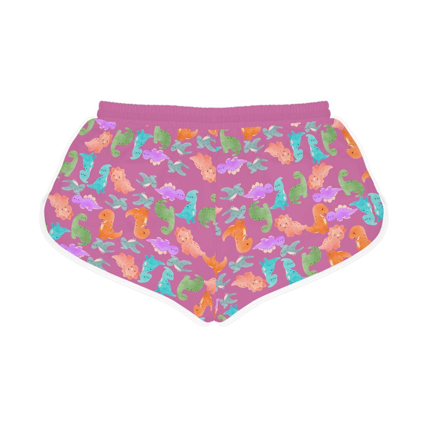 Colorful Dino Print Womens Relaxed Shorts Perfect for Summer Beachwear Loungewear Gift for Her Casual Style Rainbow Dinos Light Pink