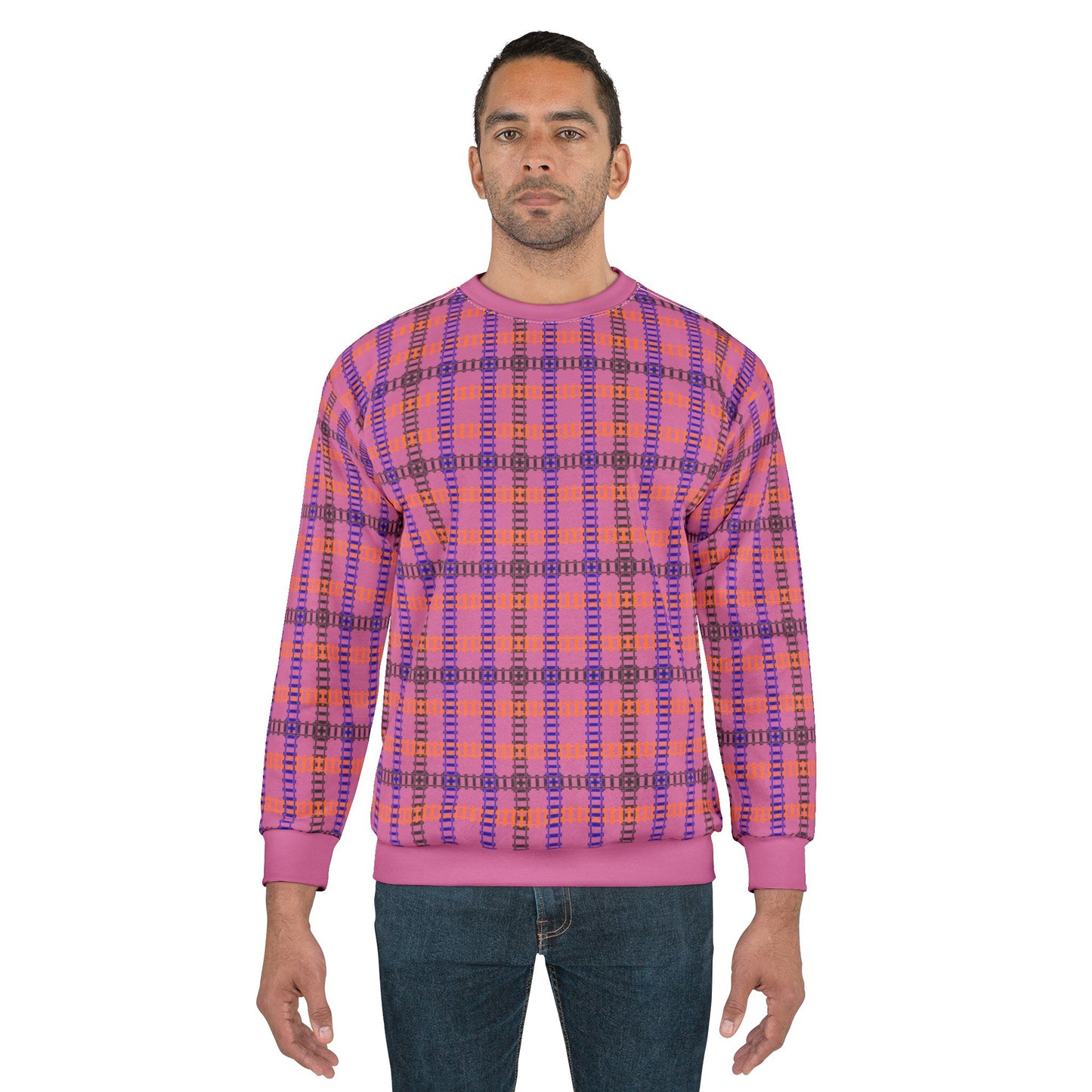 Cozy Plaid Unisex Sweatshirt Perfect for Fall Casual Wear Gift for Him/Her Halloween Warm & Stylish Train Tracks Light Pink