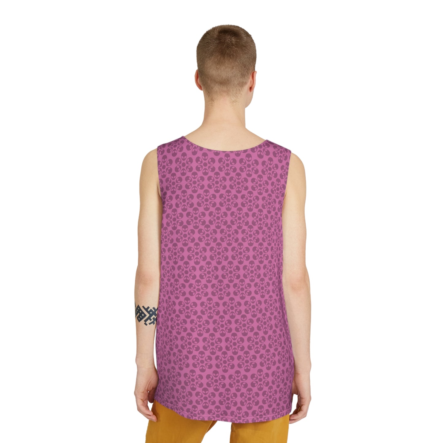 Stylish Mens Tank Top  AOP Leopard Print Summer Wear Fitness Gear Casual Apparel Trendy Vacation Outfit Alien Flowers Light Pink
