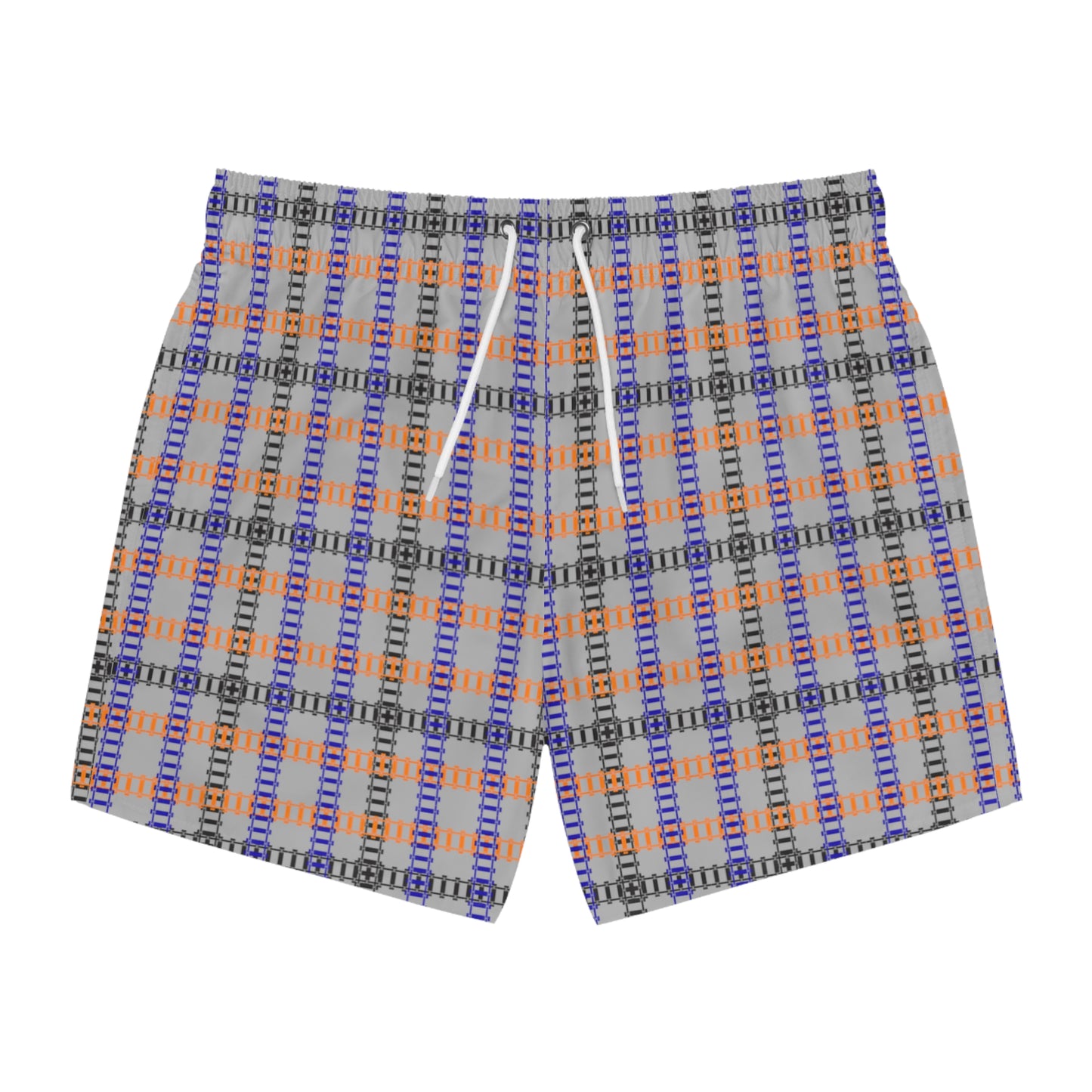 Vibrant Checkered Swim Trunks Beachwear for Summer Fun Vacation Essential Pool Party MustHave Mens Swim Shorts Train Tracks Light Grey
