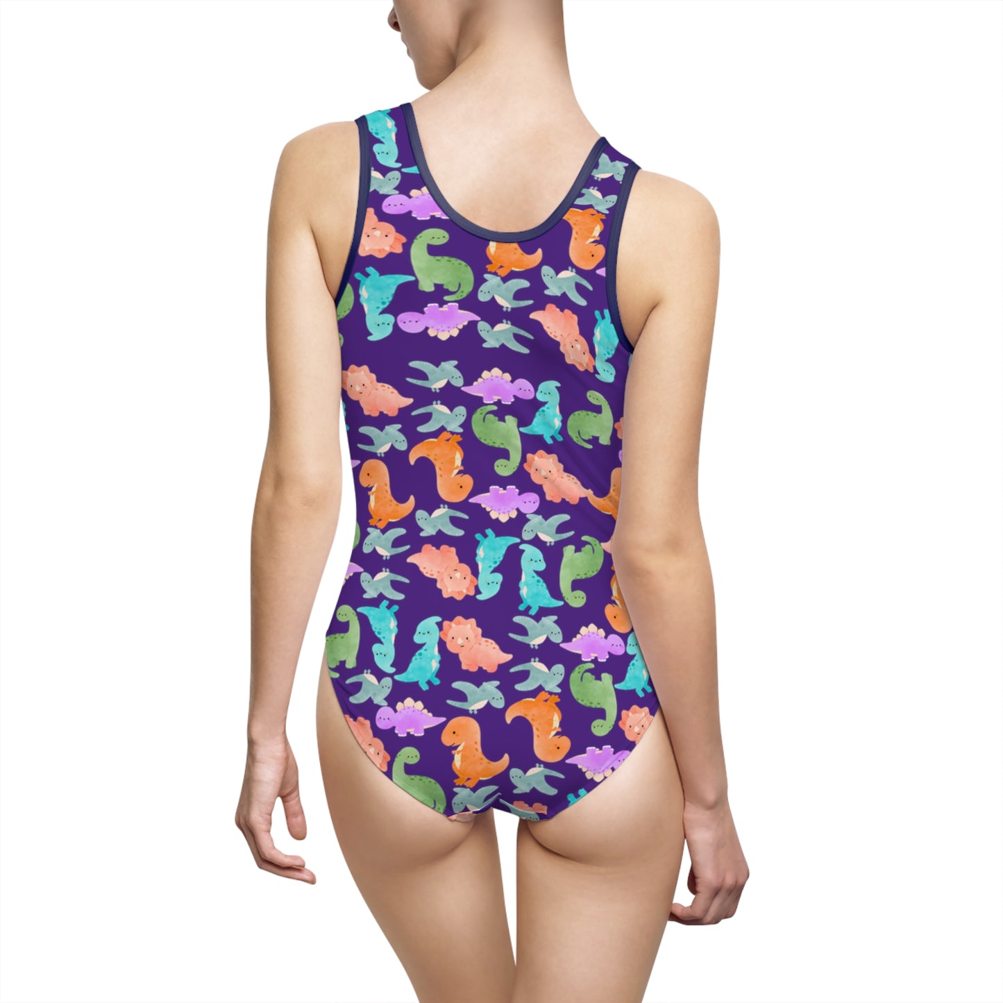 Vibrant Womens OnePiece Swimsuit Fun Summer Swimwear Beach Day Essential Pool Party Outfit Retro Style Swim Suit Rainbow Dinos Purple