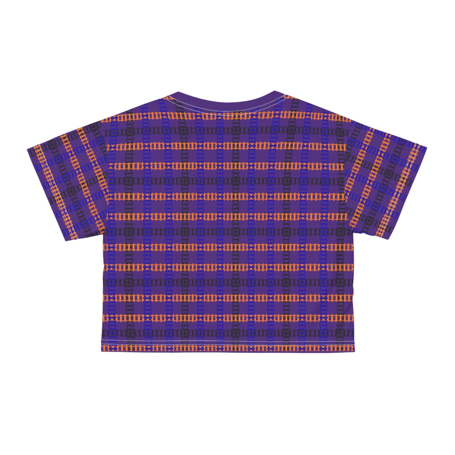 Trendy Patterned Crop Tee Casual Summer Top Gift for Her Festival Wear Stylish Weekend Outfits Train Tracks Purple