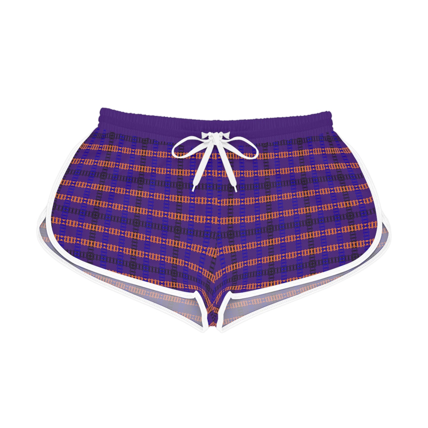 Cozy Casual Womens Shorts Perfect for Summer Days Lounging Beach or Sleepwear AOP Plaid Design Train Tracks Purple