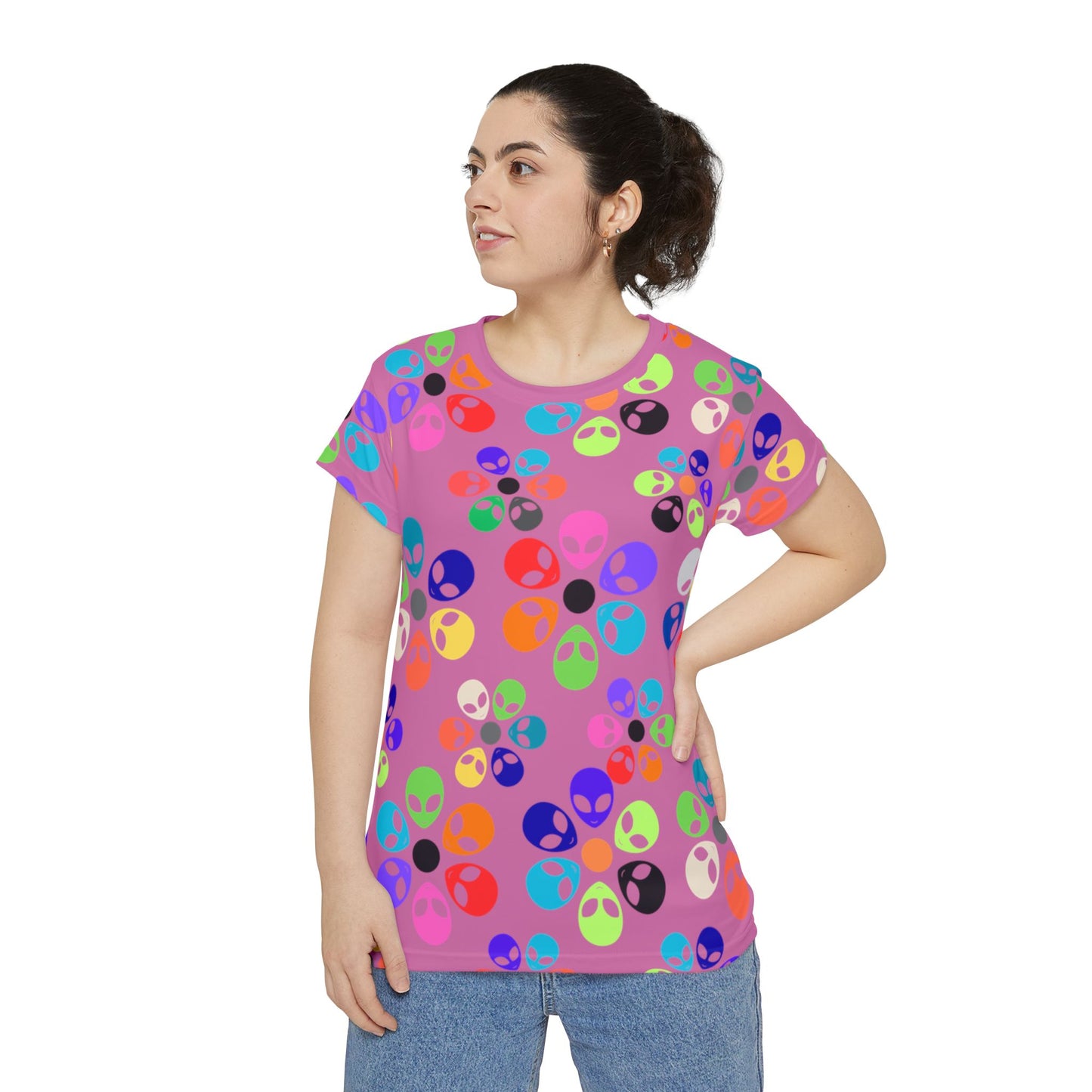 Colorful Alien Print Womens Tee Fun Graphic Shirt for Casual Wear Unique Gift for Alien Lovers Perfect for Festivals and Everyday Style Alien Rainbow Flowers Light Pink