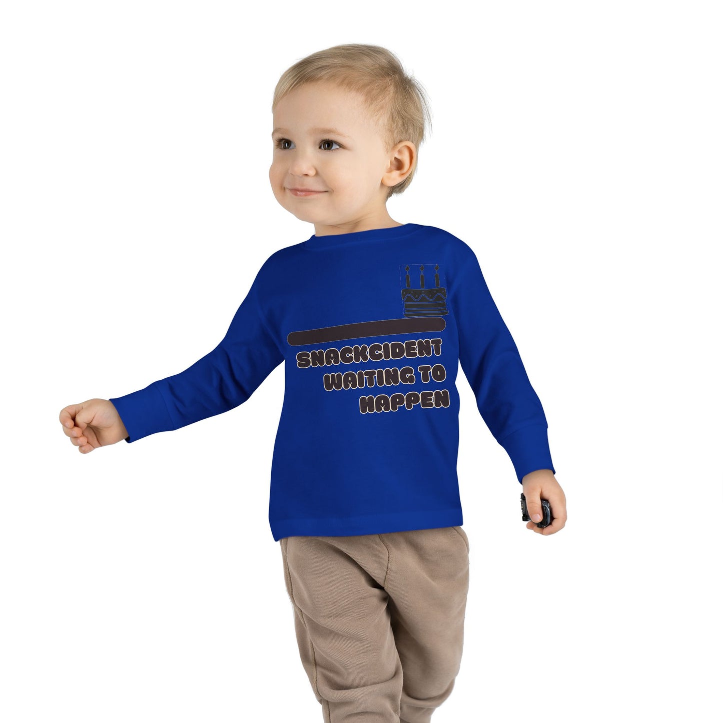 Snackcident Waiting to Happen Toddler Long Sleeve Tee | Cute Kids Shirt | Fun Gift for Birthdays, Playdates, Parties, Food Lovers