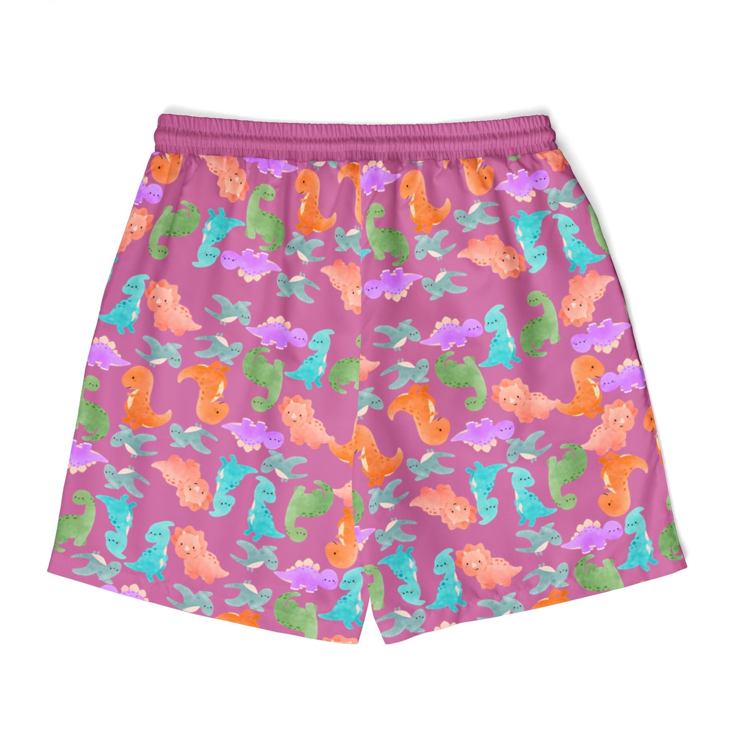 Vibrant Dino Unisex Swim Shorts Beachwear Summer Swimwear Vacation Essentials Pool Party Mens Swim Trunks Unique Design Rainbow Dinos Light Pink
