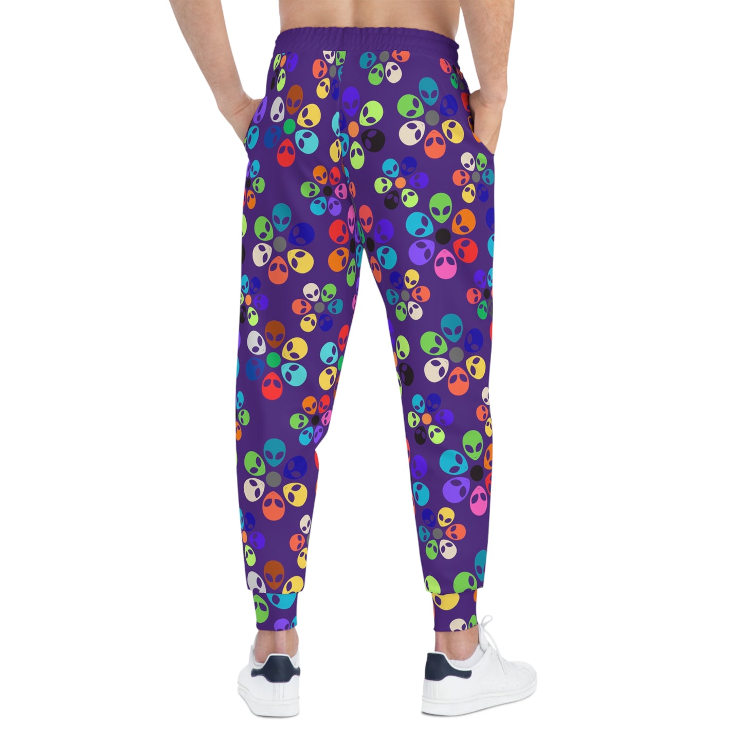 Colorful Alien Print Joggers Fun Athletic Pants Trendy Loungewear Unique Gift for Space Lovers Casual Daily Wear Unisex Joggers Alien Rainbow Flowers Purple