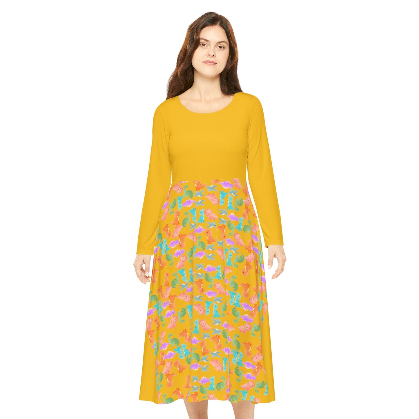 Colorful Long Sleeve Dance Dress Perfect for Parties Dance Events Spring Celebrations Playful Kids Dress Trendy Casual Wear Rainbow Dinos Yellow