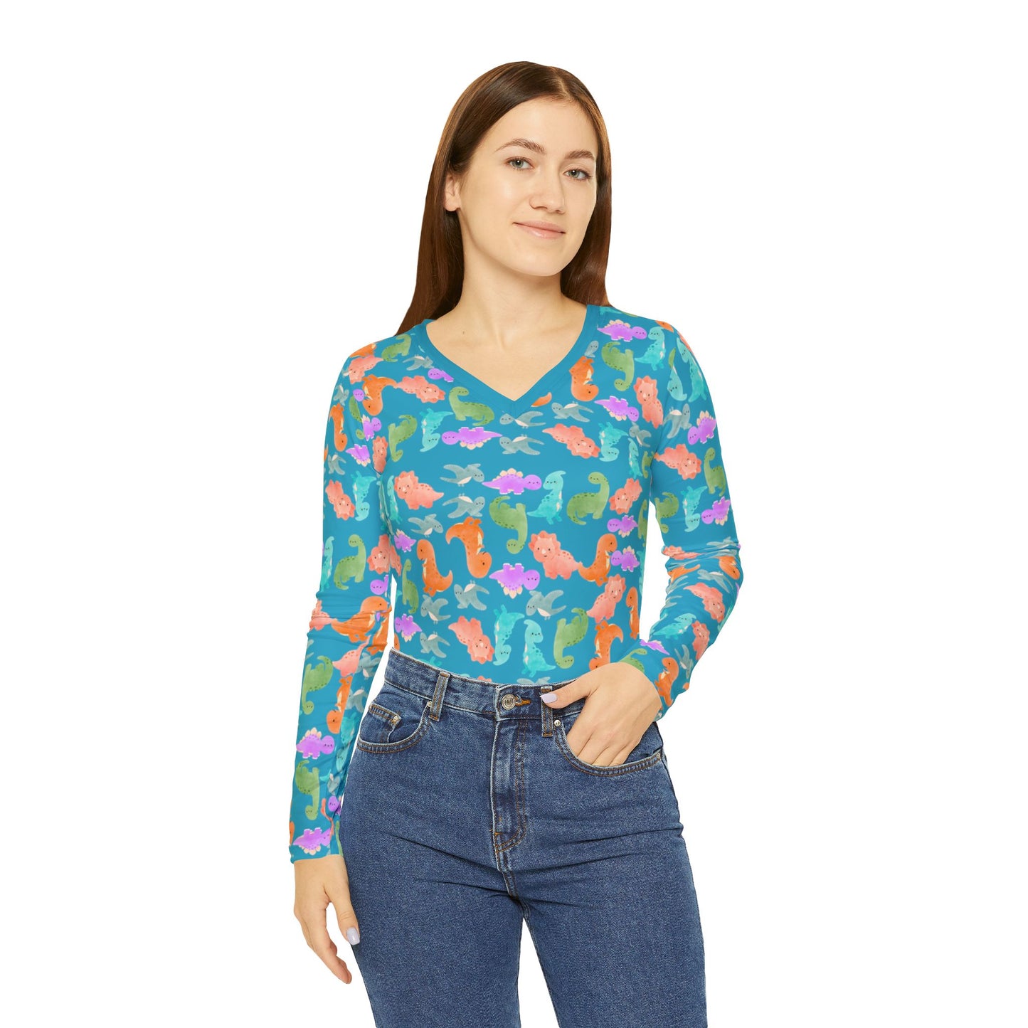 Vibrant Dino Print Womens Long Sleeve Vneck Shirt Beachwear Summer Tops Unique Gift Casual Style Vacation Wardrobe Rainbow Dinos Turquoise