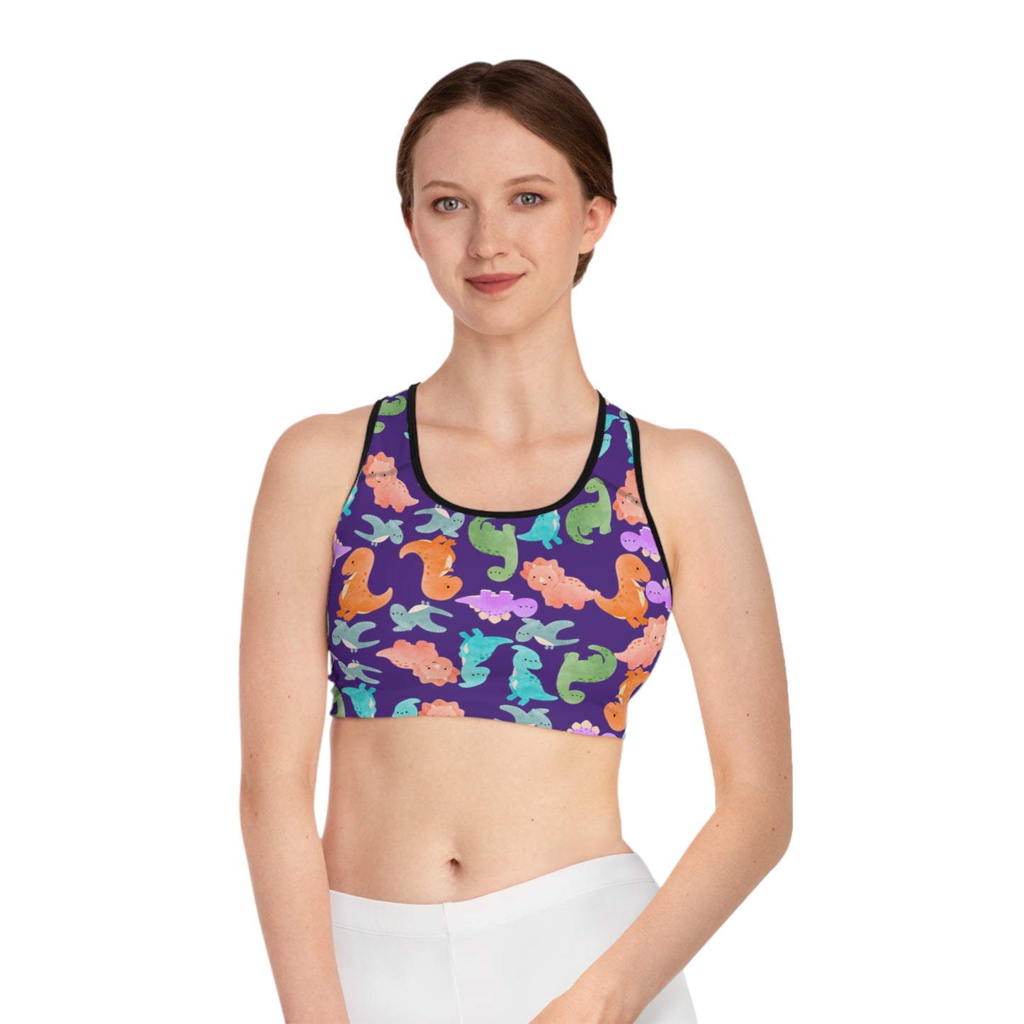 Colorful Dinosaur Print Sports Bra Cute Activewear Gym Top Fitness Wear Gifts for Her Workout Clothing Rainbow Dinos Purple
