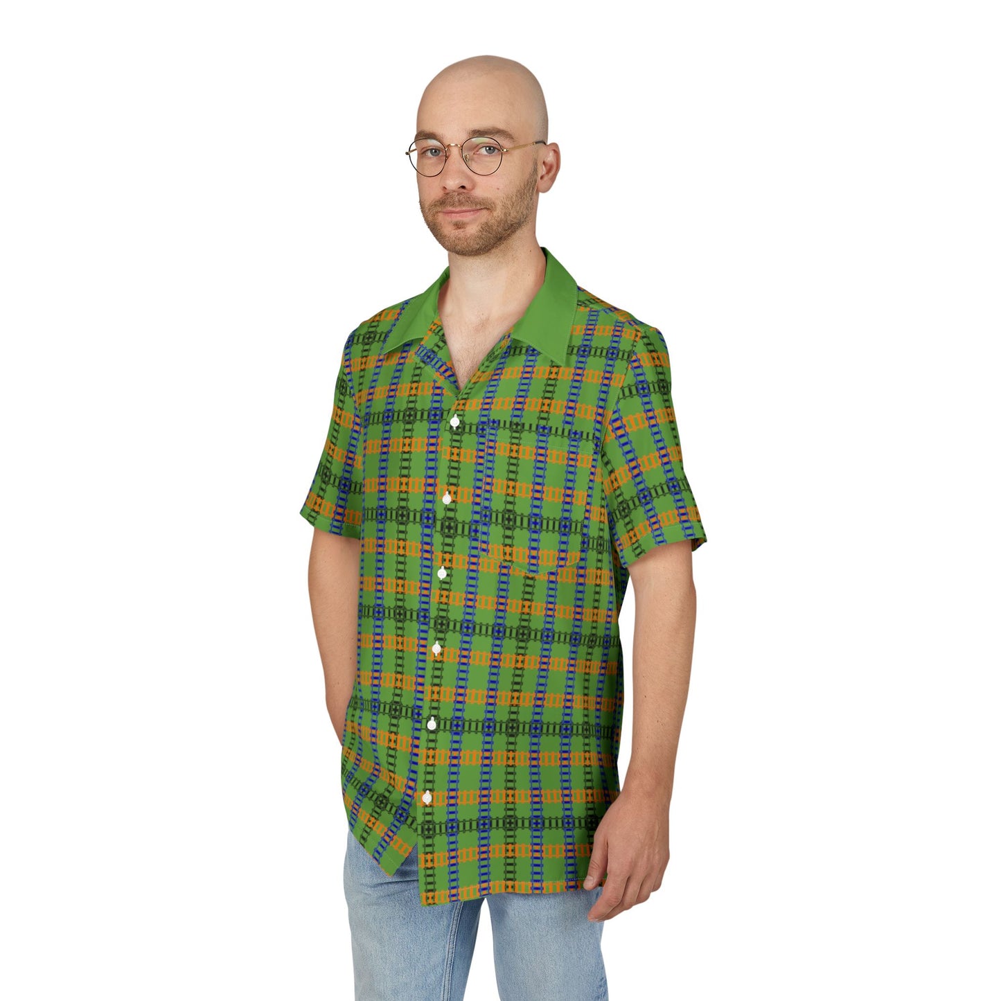 Vibrant Unisex Hawaiian Shirt Casual Summer Wear Vacation Outfit Beach Party Attire Gift for Him/Her Train Tracks Green
