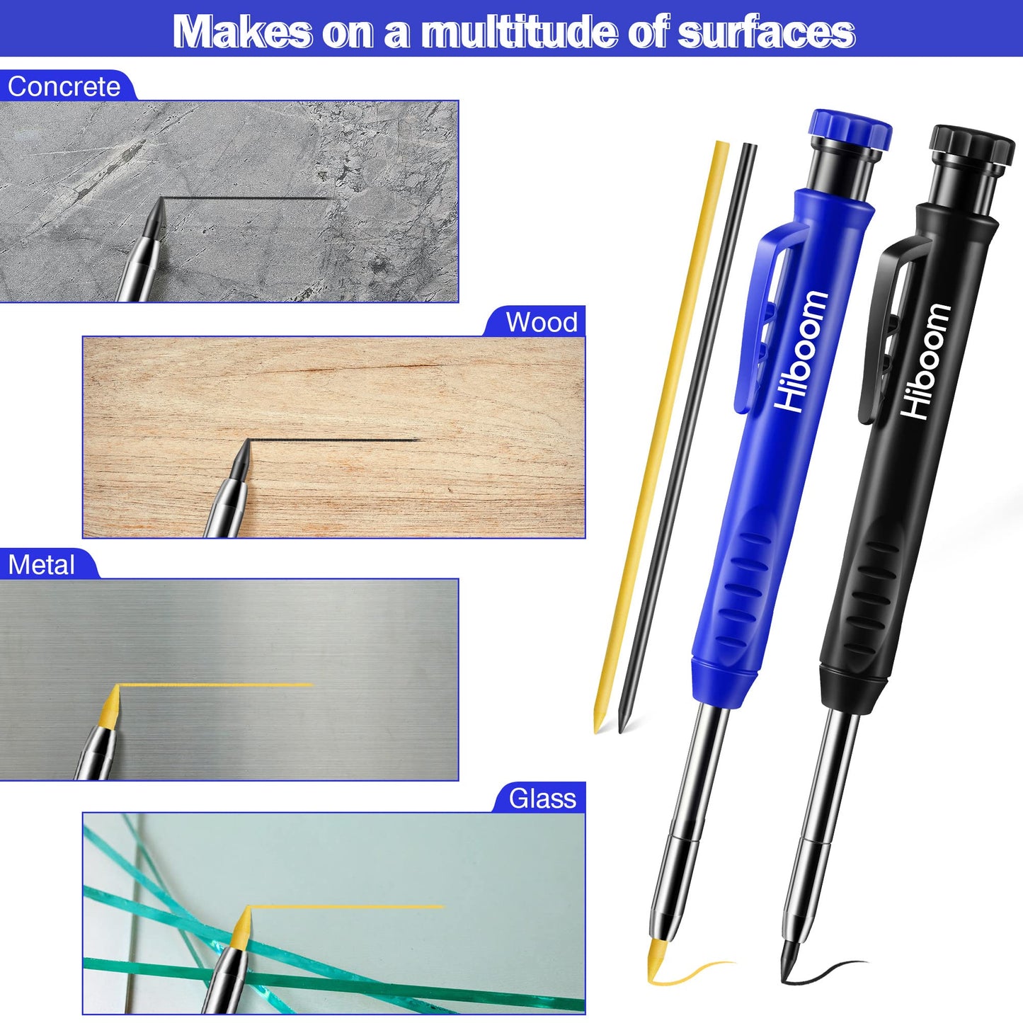 Hiboom 2 Pack Solid Carpenter Pencil with 14 Refill, Long Nosed Deep Hole Mechanical Pencil Marker with Built-in Sharpener for Carpenter Woodworking Architect with Design Patent (Black, Blue)
