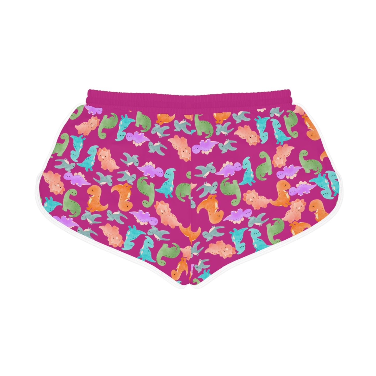 Colorful Dino Print Womens Relaxed Shorts Perfect for Summer Beachwear Loungewear Gift for Her Casual Style Rainbow Dinos Pink