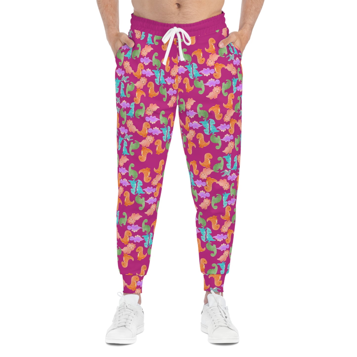 Colorful Dinosaur Print Joggers Fun and Comfortable Athletic Pants Perfect for Kids and Adults Loungewear Gift for Holidays Rainbow Dinos Pink
