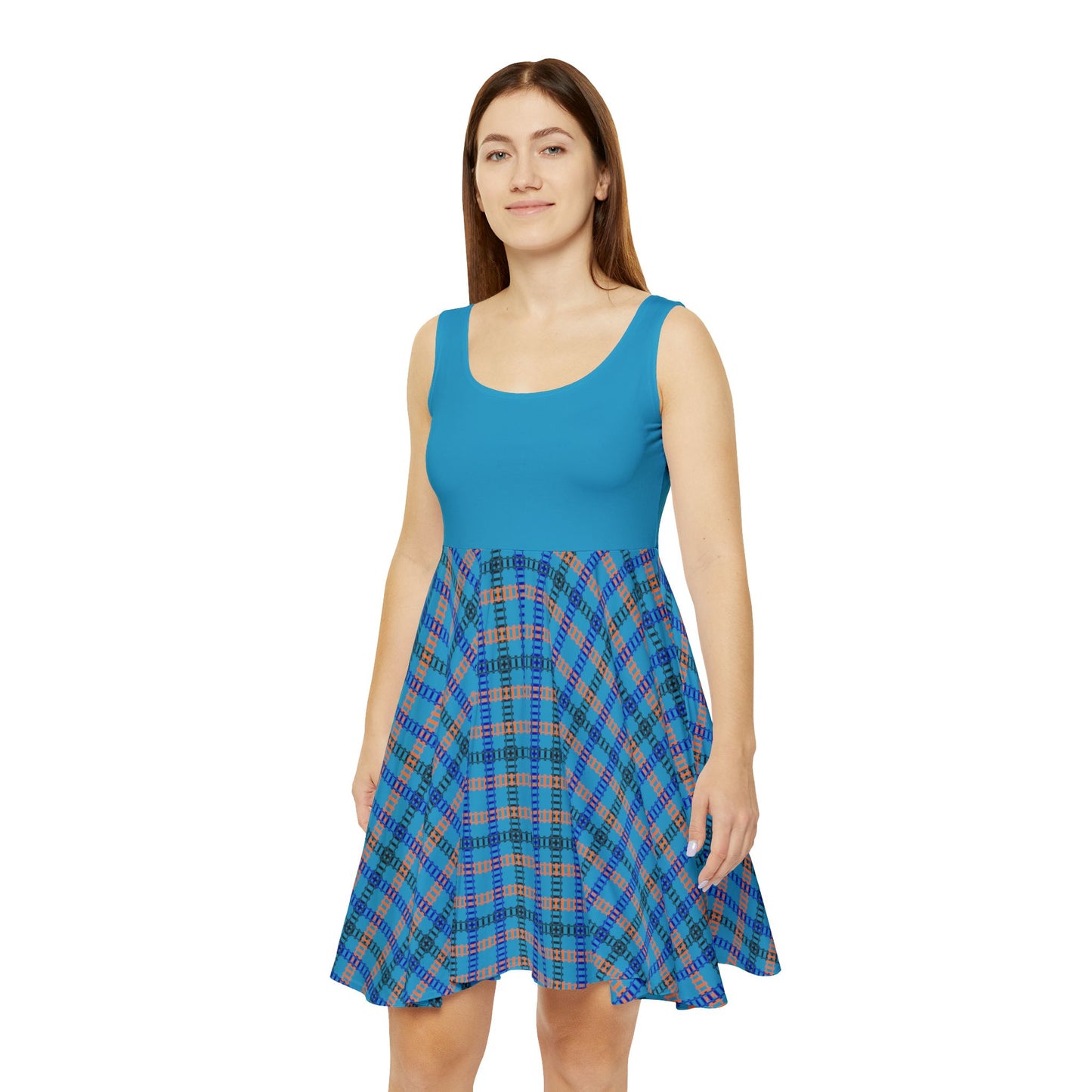 Chic Womens Skater Dress Plaid AOP Dress for Everyday Wear Summer Party Dress Casual Outing Festival Fashion Gift for Her Train Tracks Turquoise