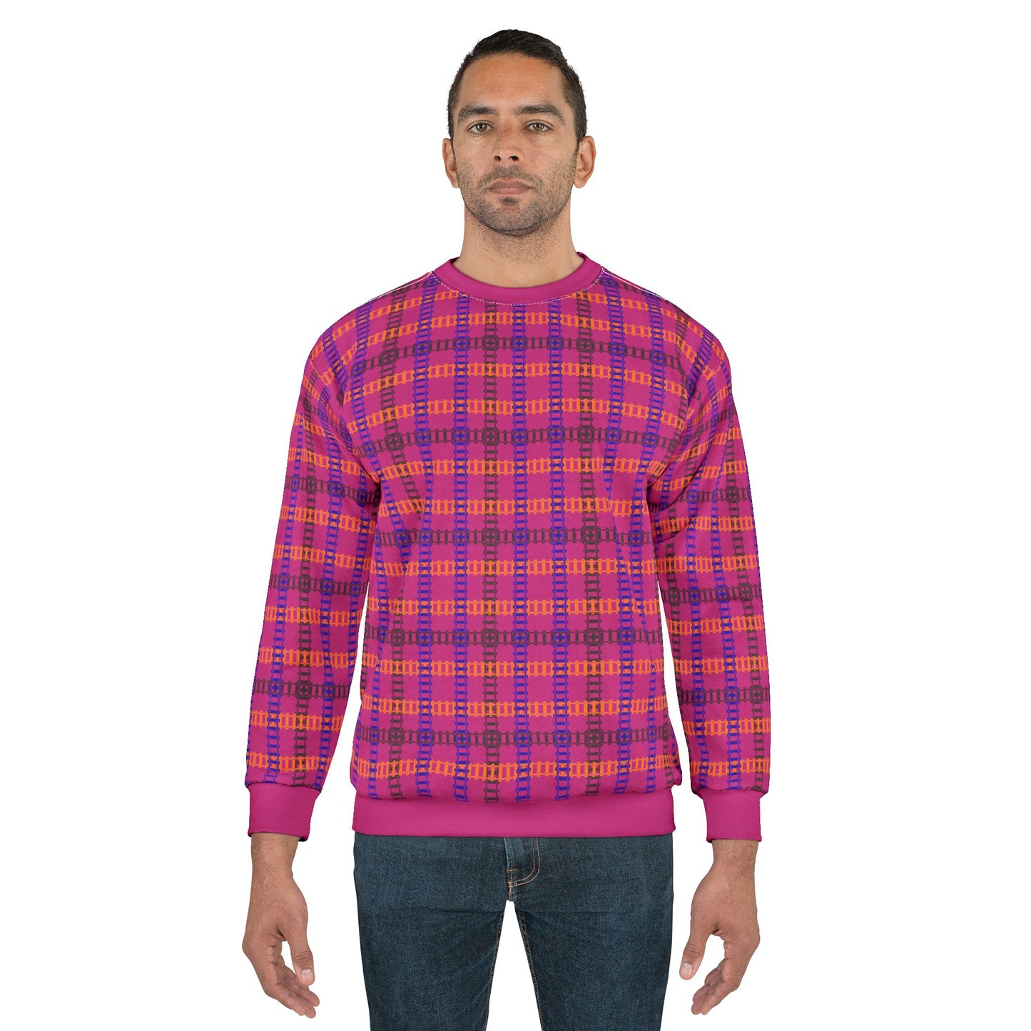Cozy Plaid Unisex Sweatshirt Perfect for Fall Casual Wear Gift for Him/Her Halloween Warm & Stylish Train Tracks Pink