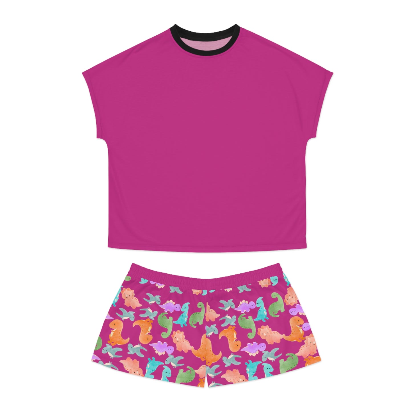 Womens Dinosaur Print Pajama Set Cozy Sleepwear Perfect for Relaxation Gift for Her Cute Loungewear Summer Nights Dinosaur Lovers Rainbow Dinos Pink