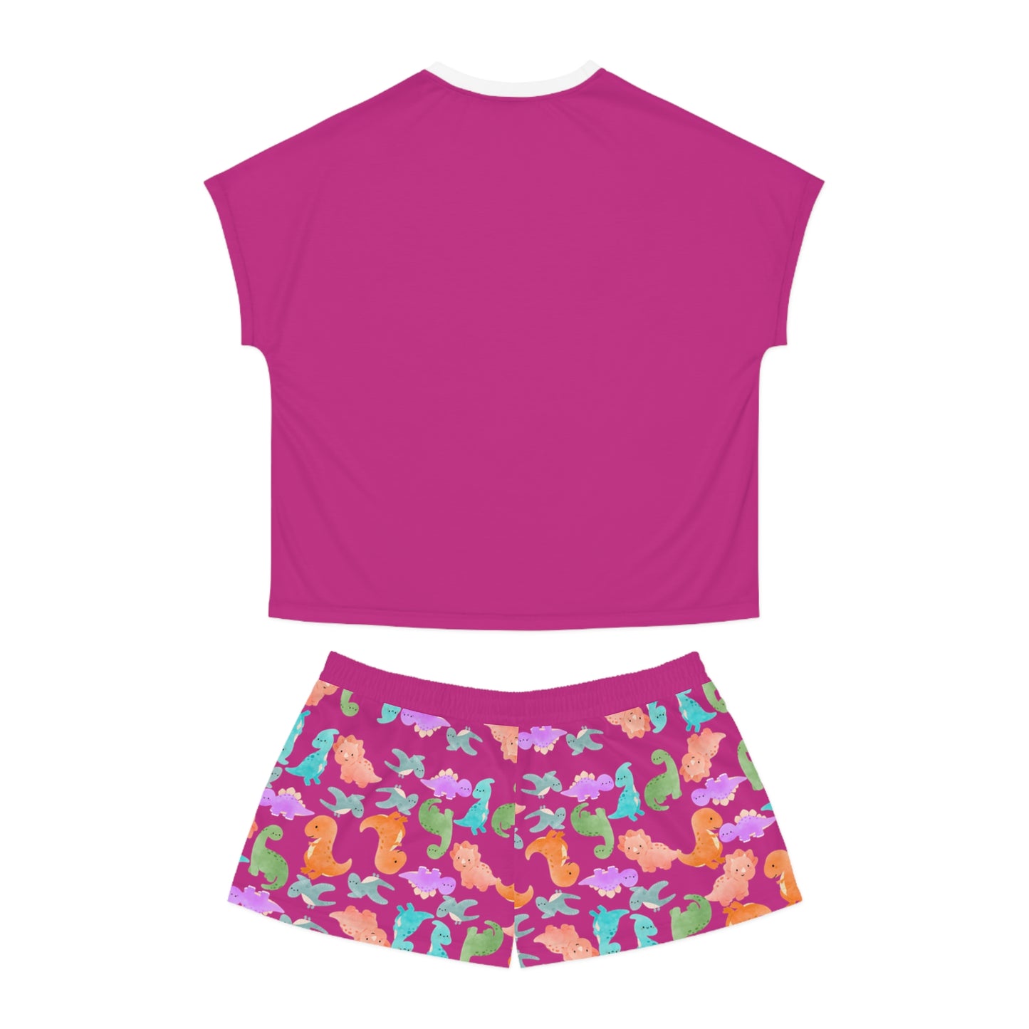 Womens Dinosaur Print Pajama Set Cozy Sleepwear Perfect for Relaxation Gift for Her Cute Loungewear Summer Nights Dinosaur Lovers Rainbow Dinos Pink