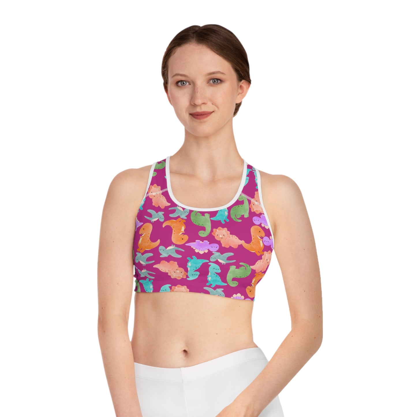 Colorful Dinosaur Print Sports Bra Cute Activewear Gym Top Fitness Wear Gifts for Her Workout Clothing Rainbow Dinos Pink