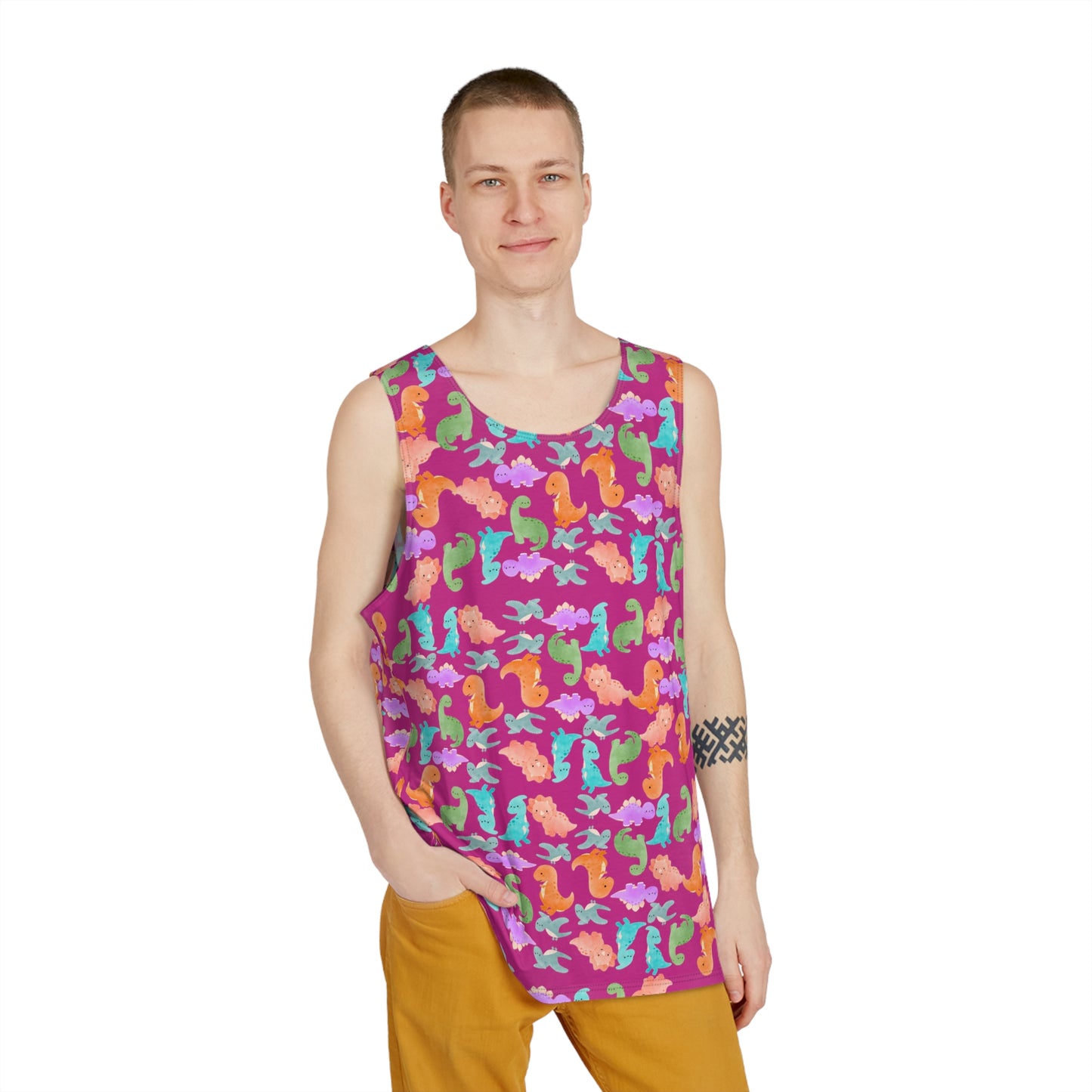 Colorful Dino Mens Tank Top Summer Vibes Beachwear Festival Fashion Casual Clothing Graphic AOP Tee Rainbow Dinos Pink
