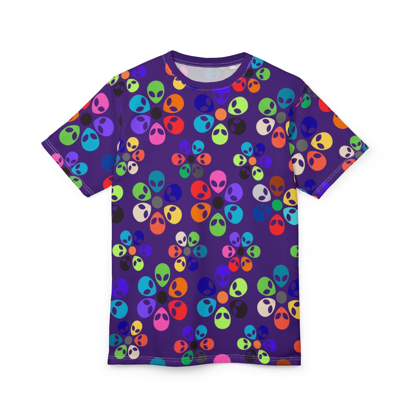 Colorful Alien Print Unisex TShirt Fun Graphic Tee Quirky Fashion Wear Gift for SciFi Lovers Trendy Casual Style Summer Apparel Alien Rainbow Flowers Purple
