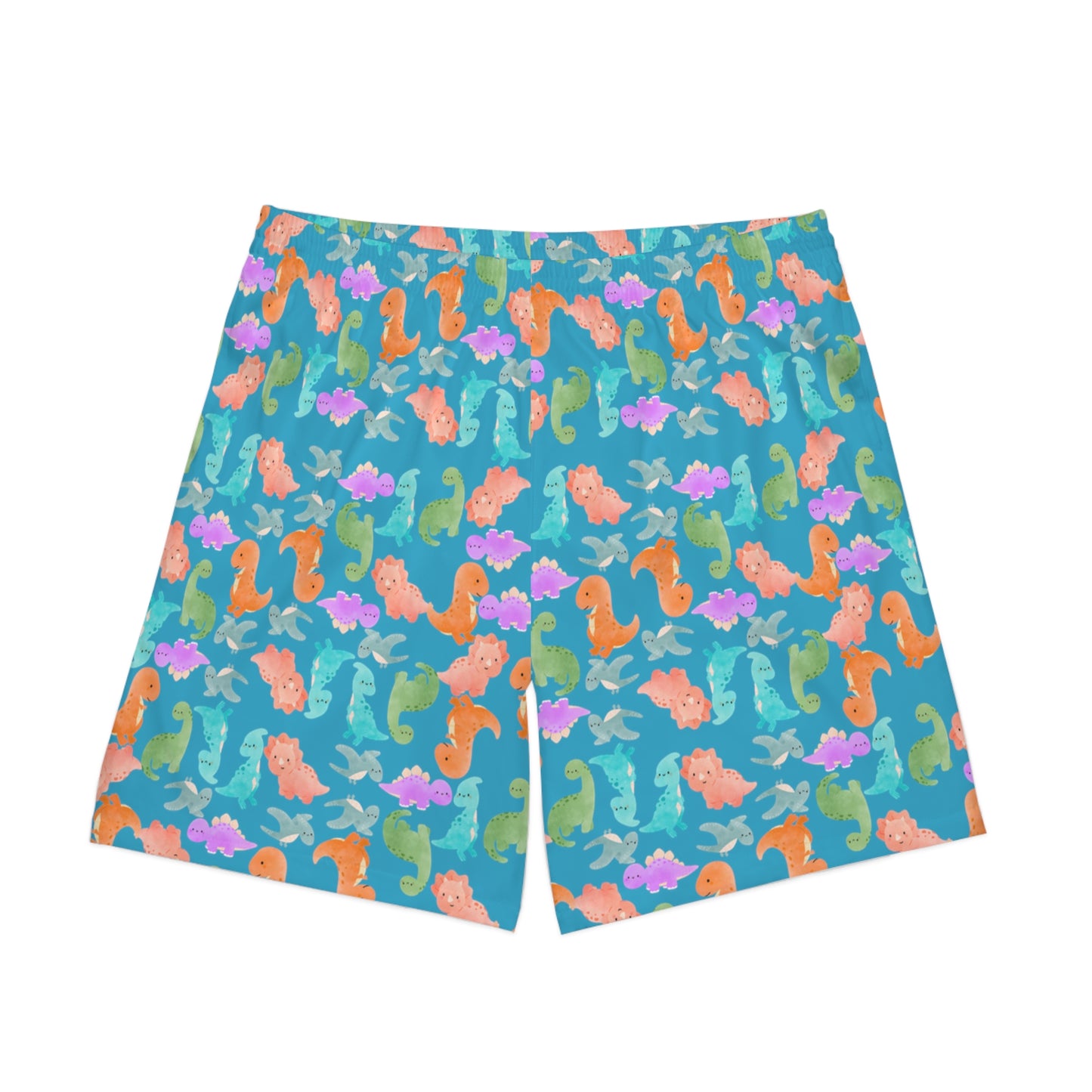 Colorful Dino Beach Shorts for Men Summertime Swimwear Vacation Essentials Pool Party Attire Trendy Summer Apparel Rainbow Dinos Turquoise