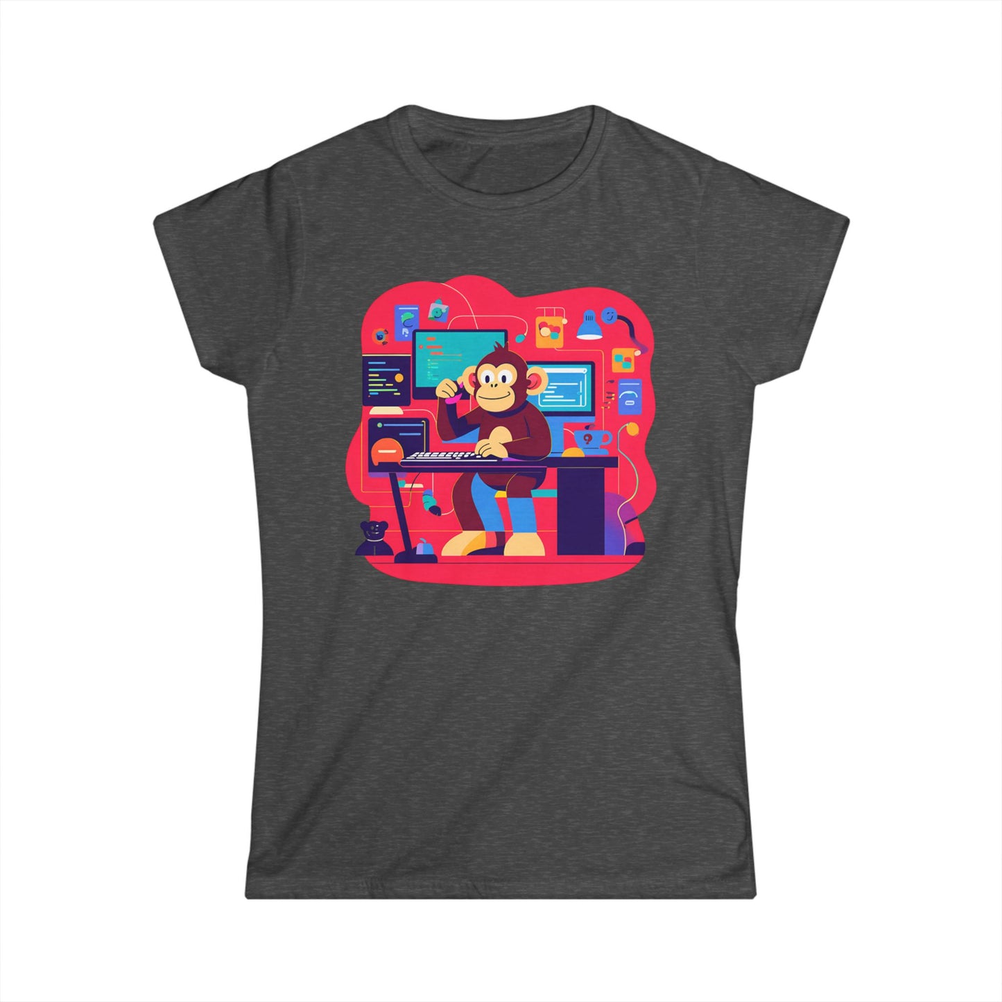 Cute Gamer Monkey Tee, Women's Gaming Shirt, Fun Softstyle Tee, Anime Style T-Shirt, Gift for Gamers, Cute Animal Apparel