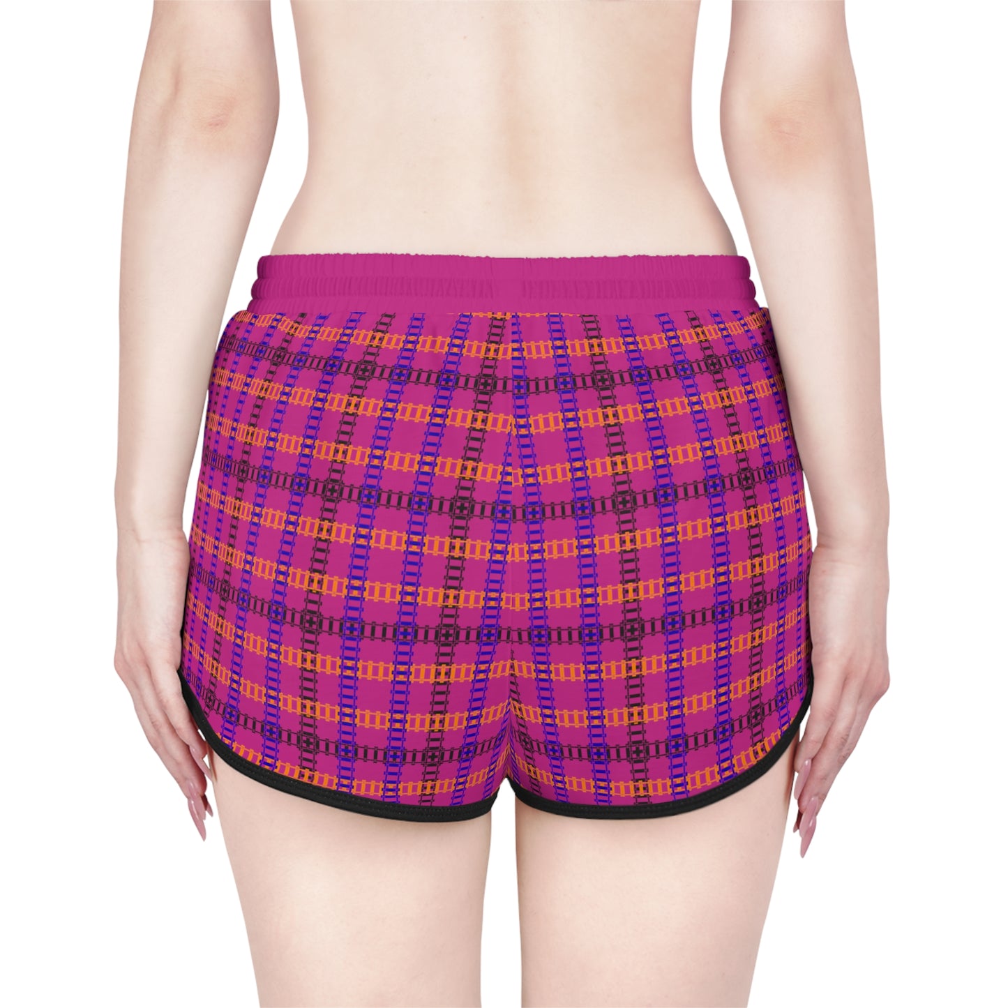 Cozy Casual Womens Shorts Perfect for Summer Days Lounging Beach or Sleepwear AOP Plaid Design Train Tracks Pink
