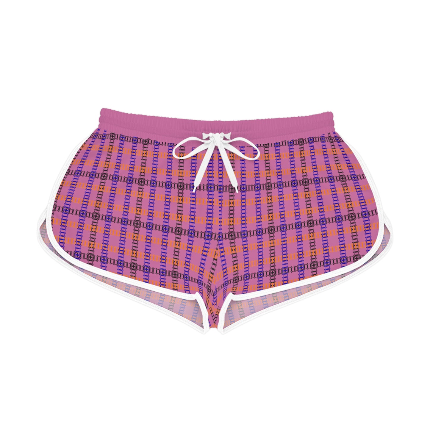 Cozy Casual Womens Shorts Perfect for Summer Days Lounging Beach or Sleepwear AOP Plaid Design Train Tracks Light Pink
