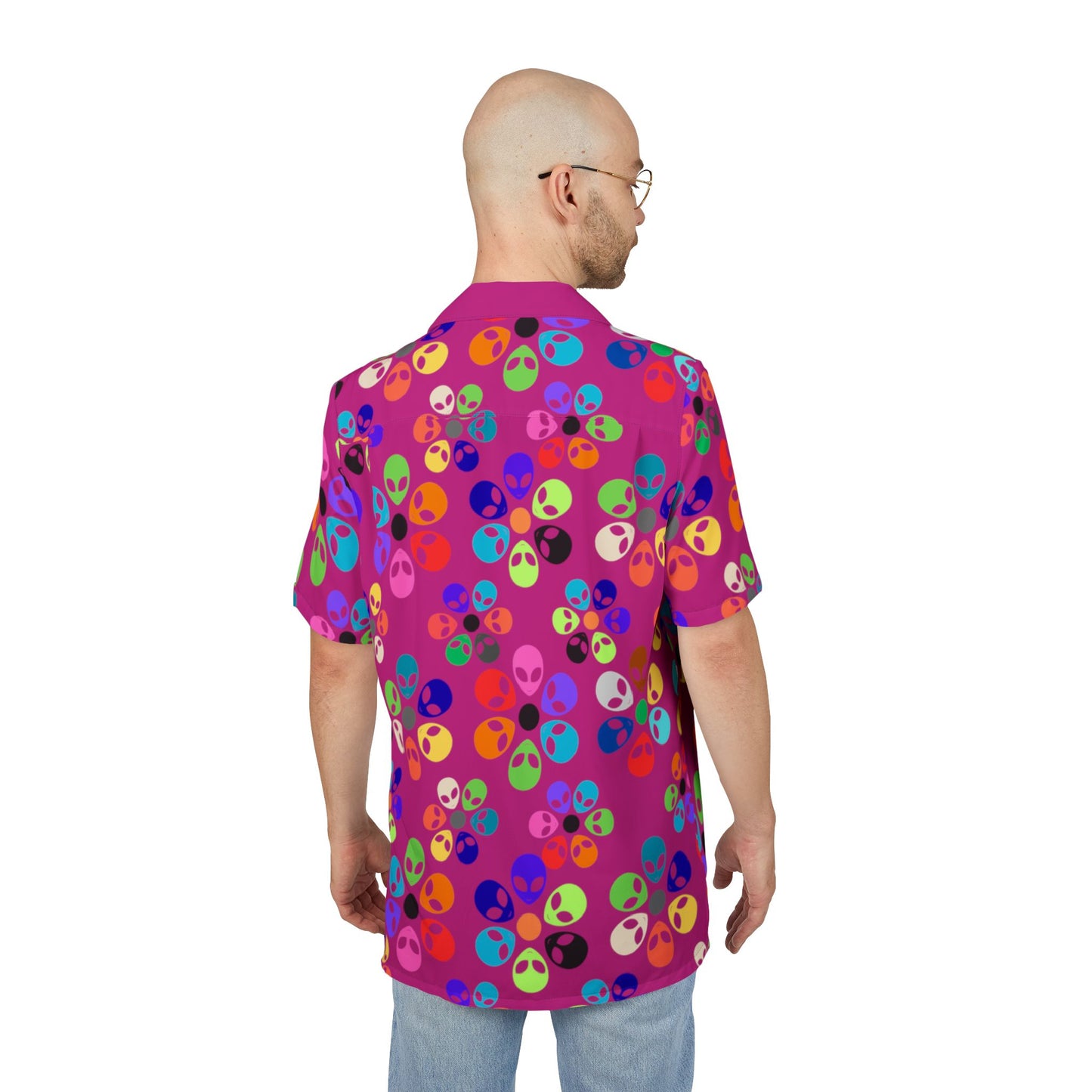 Vibrant Alien Print Hawaiian Shirt Unisex Summer ButtonUp Beachwear Vacation Outfit Festival Apparel Colorful Party Shirt Alien Rainbow Flowers Pink