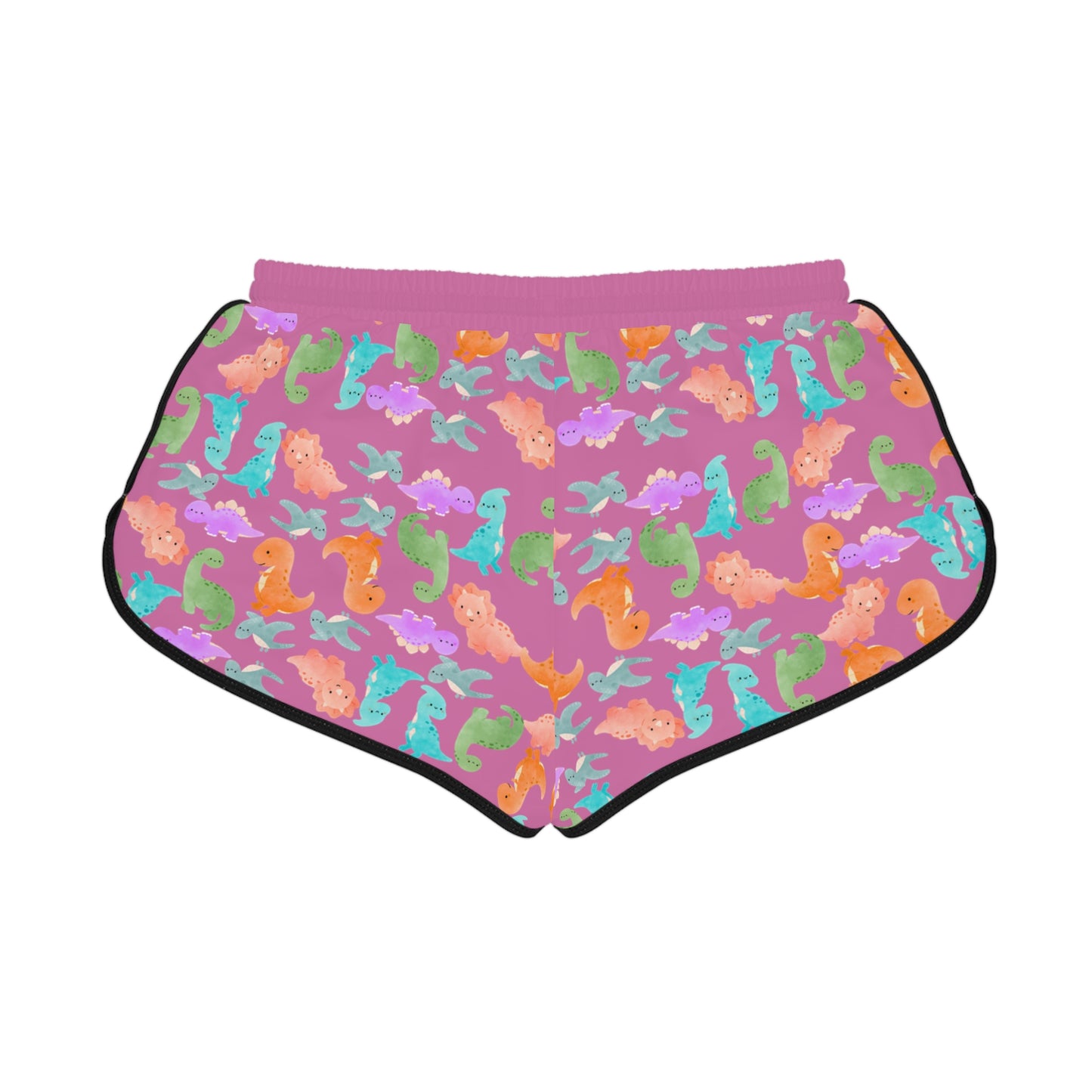 Colorful Dino Print Womens Relaxed Shorts Perfect for Summer Beachwear Loungewear Gift for Her Casual Style Rainbow Dinos Light Pink