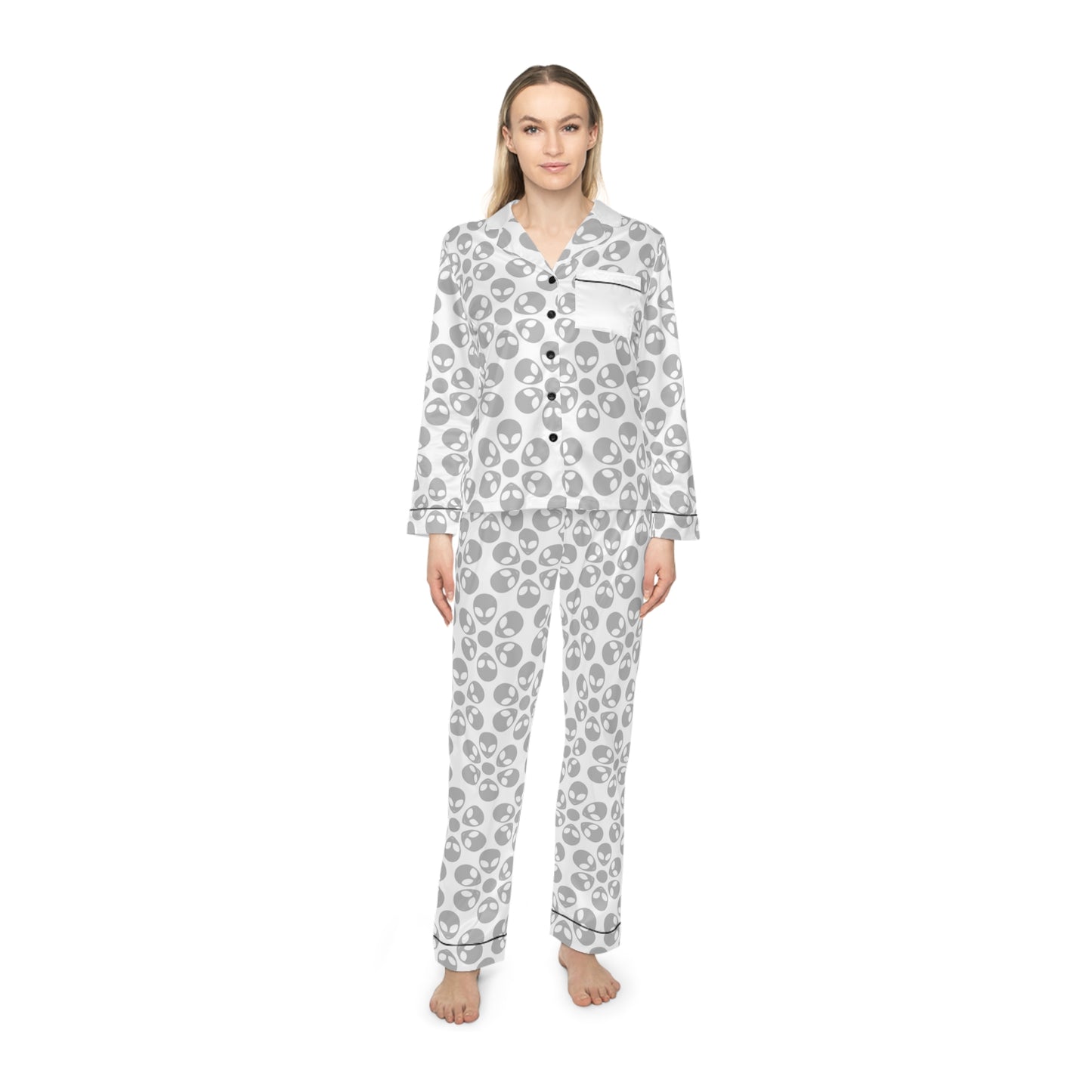 Womens Satin Pajamas Alien Flowers White