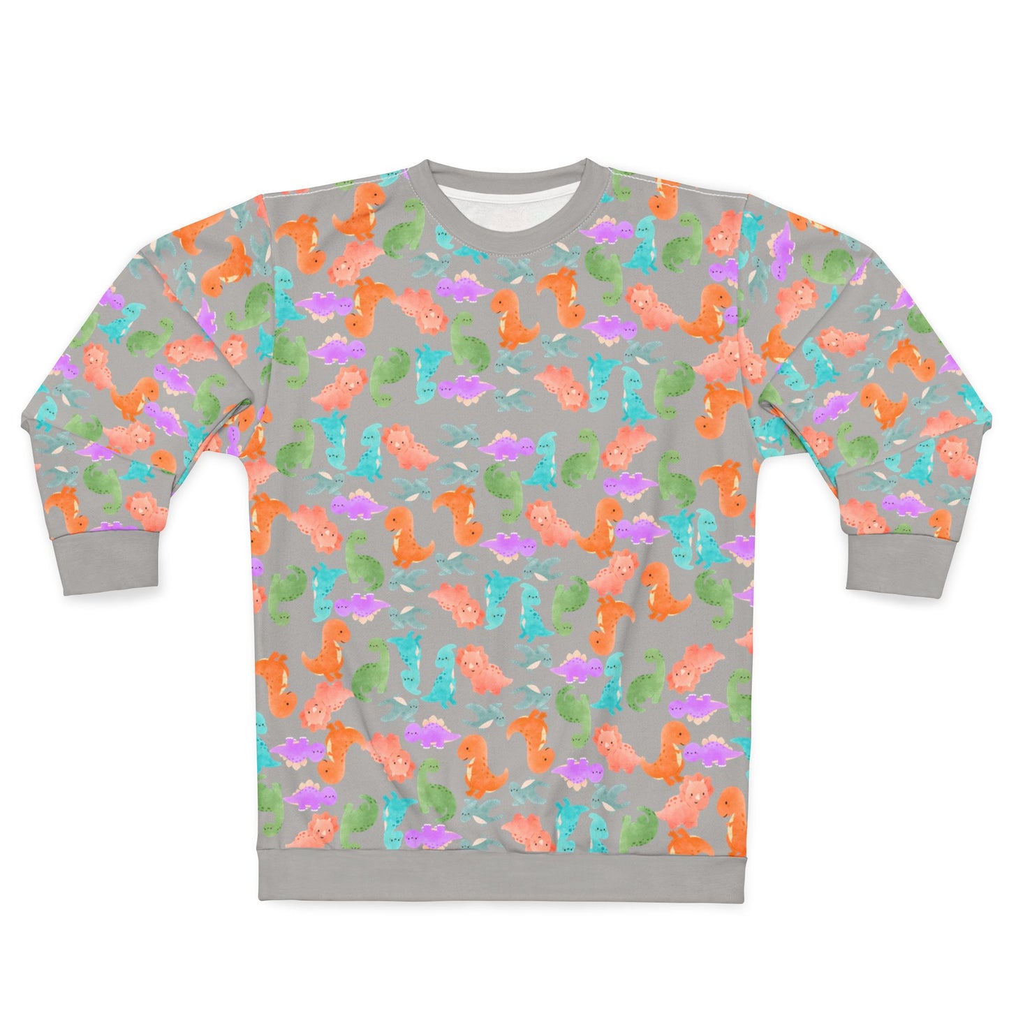 Colorful Dino Unisex Sweatshirt Ocean Vibe Apparel AOP Pullover for Beach Lovers Gift for Sea Life Enthusiasts Casual Cozy Wear Rainbow Dinos Light Grey