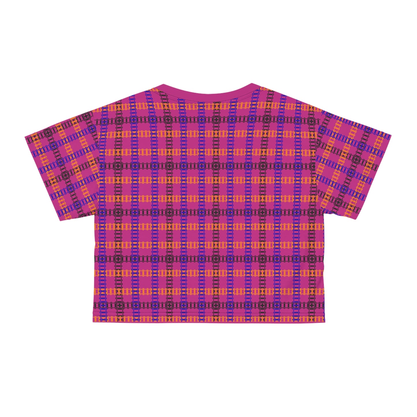 Trendy Patterned Crop Tee Casual Summer Top Gift for Her Festival Wear Stylish Weekend Outfits Train Tracks Pink
