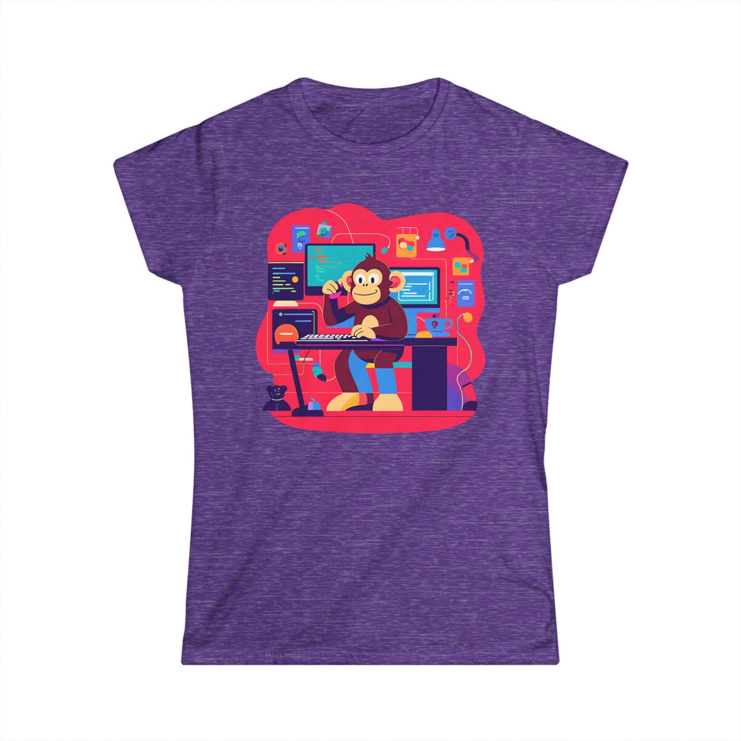 Cute Gamer Monkey Tee, Women's Gaming Shirt, Fun Softstyle Tee, Anime Style T-Shirt, Gift for Gamers, Cute Animal Apparel