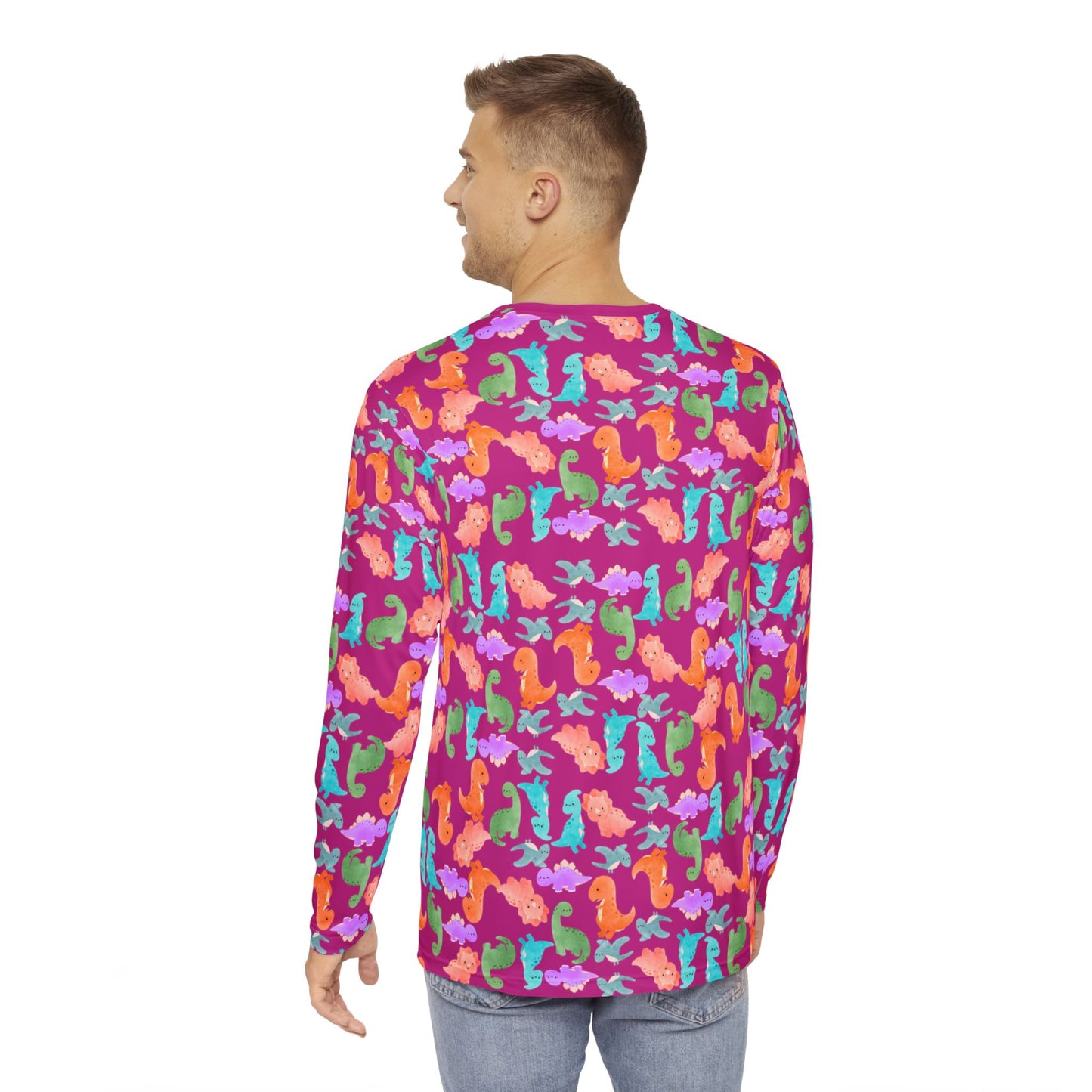 Cute Dino Print Mens Long Sleeve Shirt AOP Tee Tropical Beachwear Gift for Sea Lovers Summer Shirts for Men Rainbow Dinos Pink
