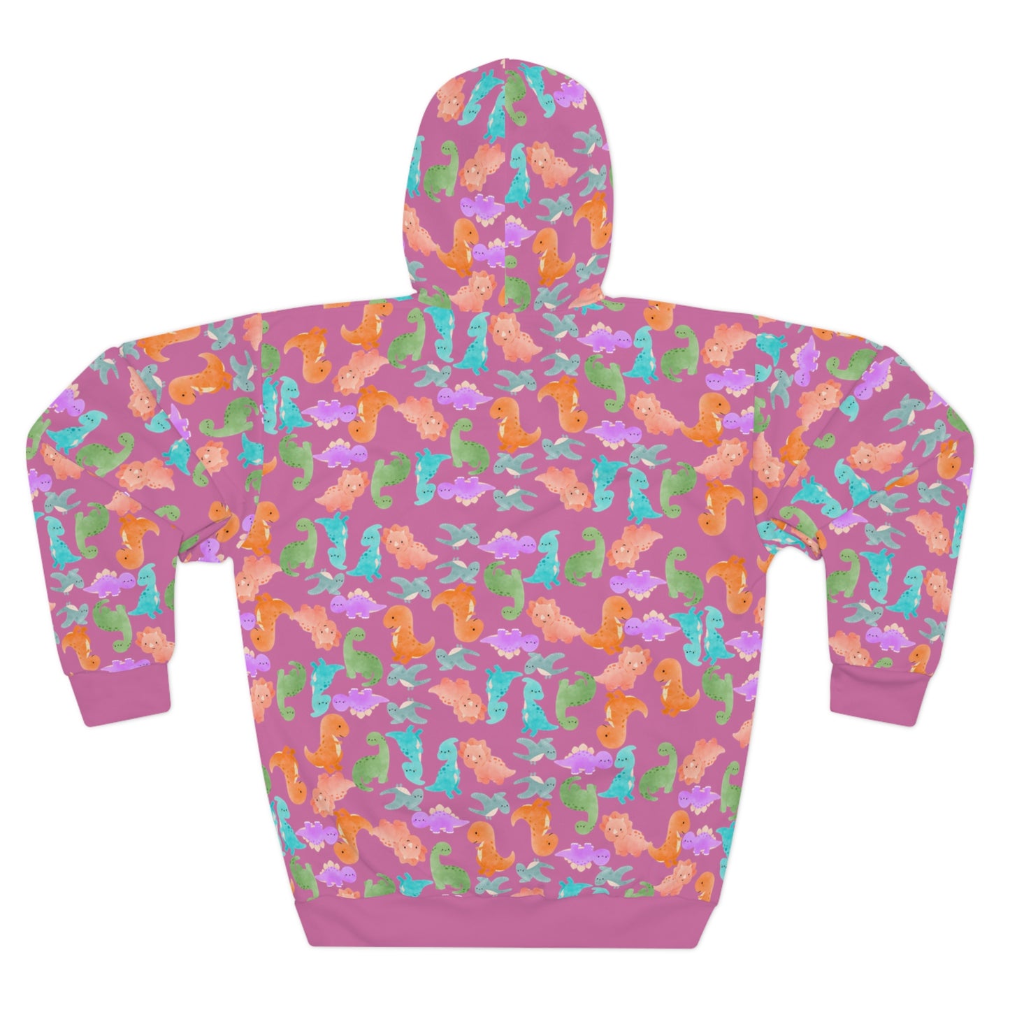 Colorful Dino Unisex Pullover Hoodie Cozy Beach Vibe Sweatshirt Gift for Ocean Lovers Fun Casual Wear Homewear Rainbow Dinos Light Pink