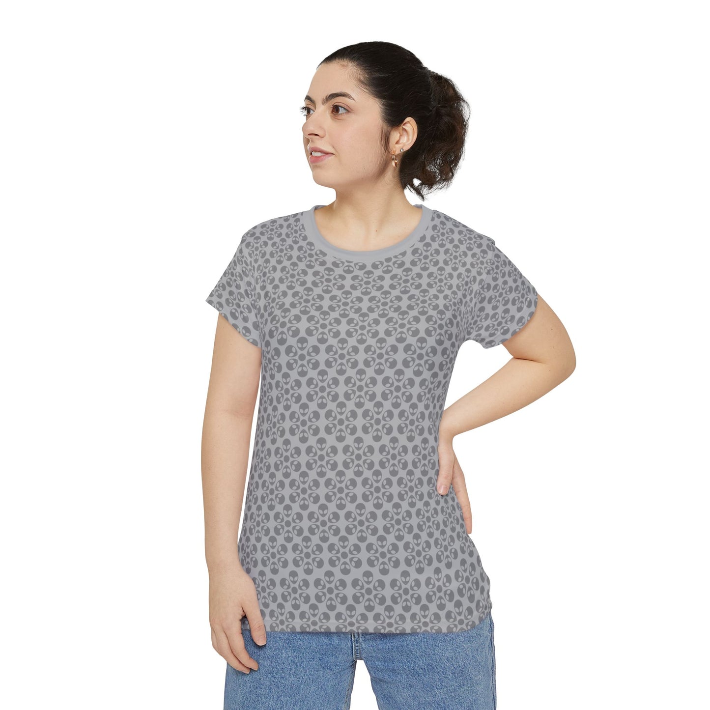 Womens Short Sleeve Shirt Alien Flowers Light Grey
